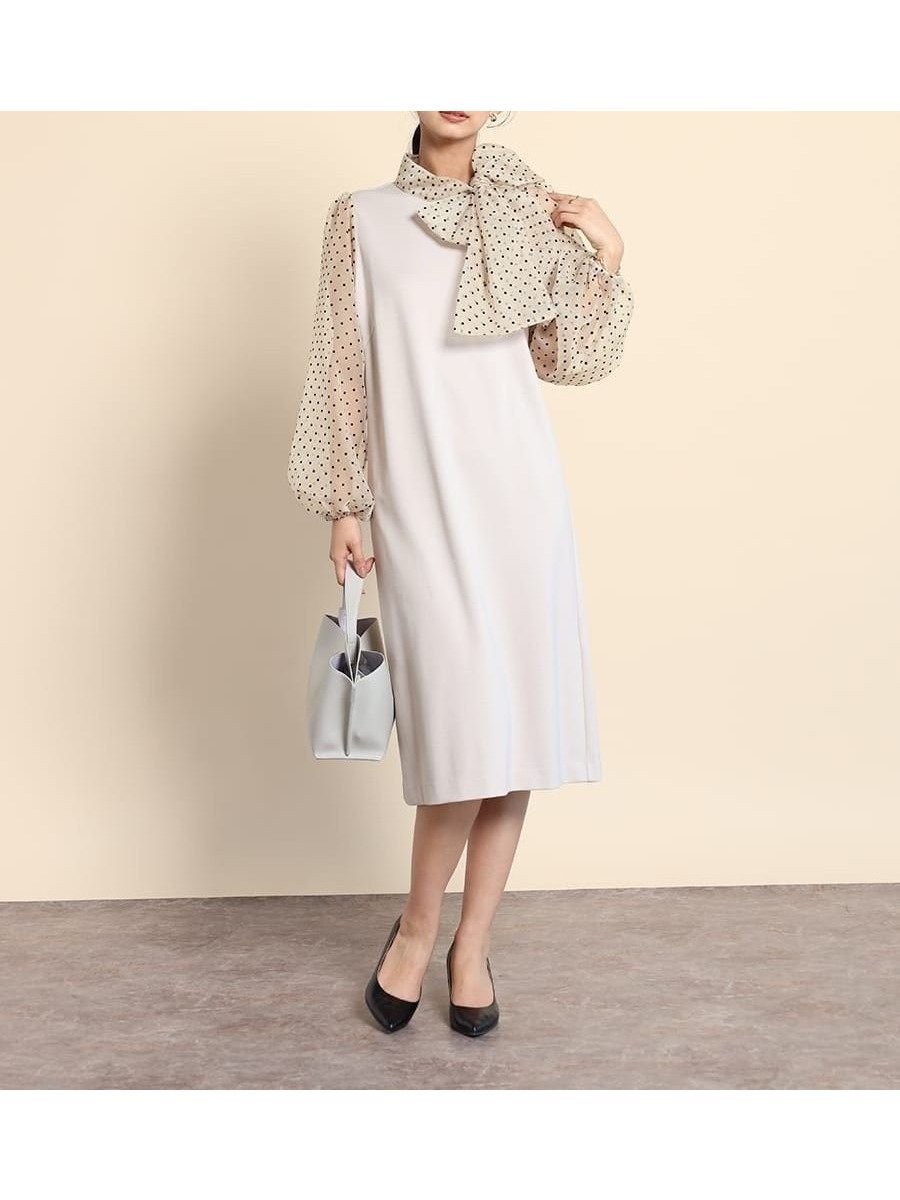 【ヴァン/Vin】のドットフロッキーリボンワンピース インテリア・キッズ・メンズ・レディースファッション・服の通販 founy(ファウニー) 　ファッション　Fashion　レディースファッション　Fashion for Women　ワンピース　Dresses　オーガンジー　Organza Fabric　ストレッチ　Stretch, Stretchy Fabric　スリーブ　Sleeve, Long Sleeve / Short Sleeve　トレンド　Trend, Trending Now　リボン　Ribbon, Bow　おすすめ　Recommended / Our Picks　グレージュ|ID: prp329100004977209 ipo3291000000037304467
