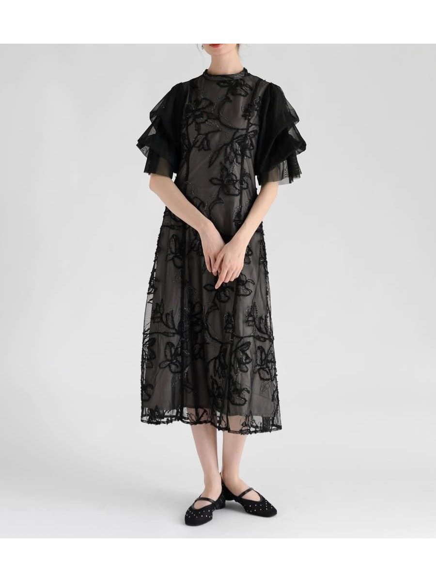 【ラシュッド/LASUD】のフリルスリーブチュール刺繍ドレス インテリア・キッズ・メンズ・レディースファッション・服の通販 founy(ファウニー) 　ファッション　Fashion　レディースファッション　Fashion for Women　ワンピース　Dresses　フォーマル・パーティードレス・結婚式用ドレス　Elegant & Casual Dresses　スリーブ　Sleeve, Long Sleeve / Short Sleeve　チュール　Tulip, Tulip Motif　ドレス　Dress, One-Piece　フリル　Frill, Ruffle　ブラック|ID: prp329100004977216 ipo3291000000037304490