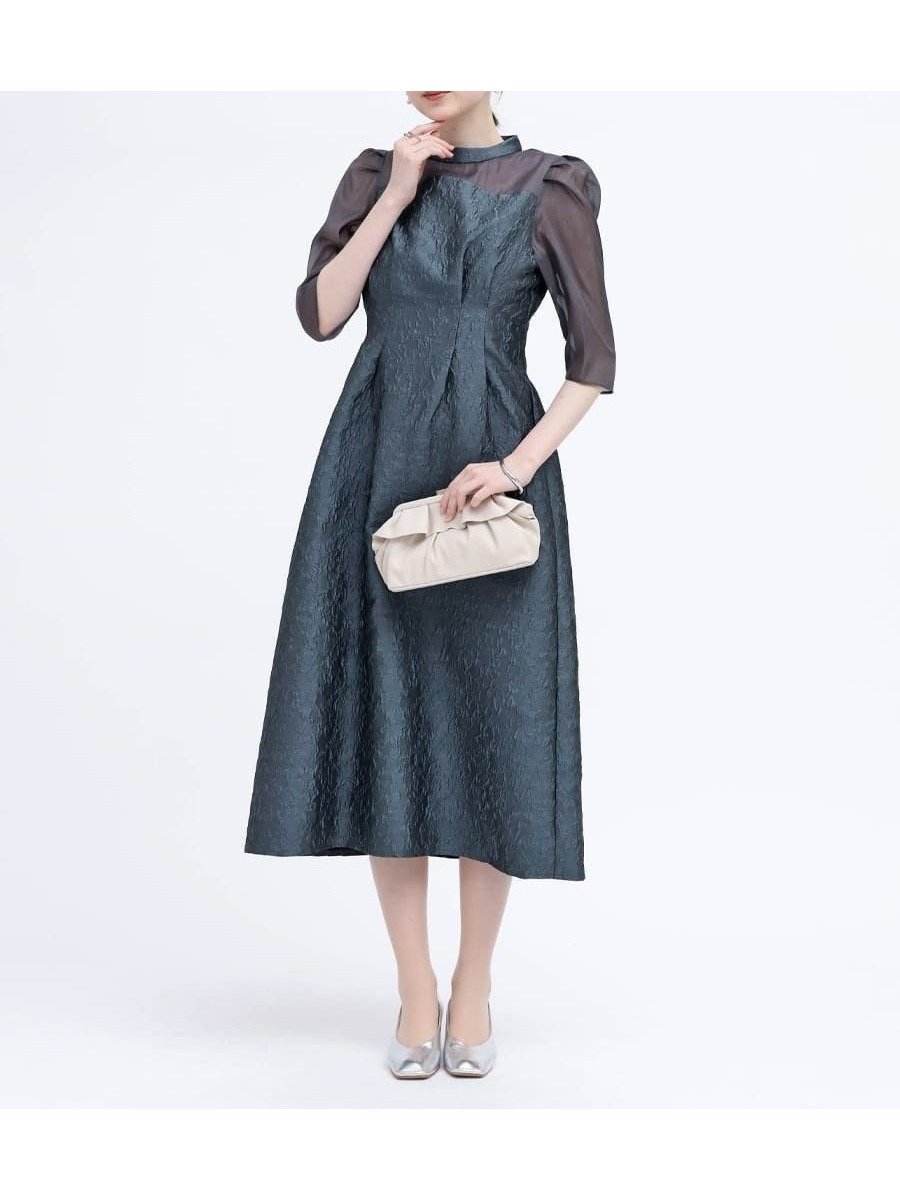 【ヴァン/Vin】のふくれジャガードバックリボンドレス インテリア・キッズ・メンズ・レディースファッション・服の通販 founy(ファウニー) 　ファッション　Fashion　レディースファッション　Fashion for Women　ワンピース　Dresses　フォーマル・パーティードレス・結婚式用ドレス　Elegant & Casual Dresses　シアー　Sheer, See-Through　デコルテ　Décolleté, Neckline　ドレス　Dress, One-Piece　フレア　Flare, Flared　リボン　Ribbon, Bow　エレガント 上品　Elegant　切替　Switching, Contrast Panel　ダークブルー|ID: prp329100004977217 ipo3291000000037304493