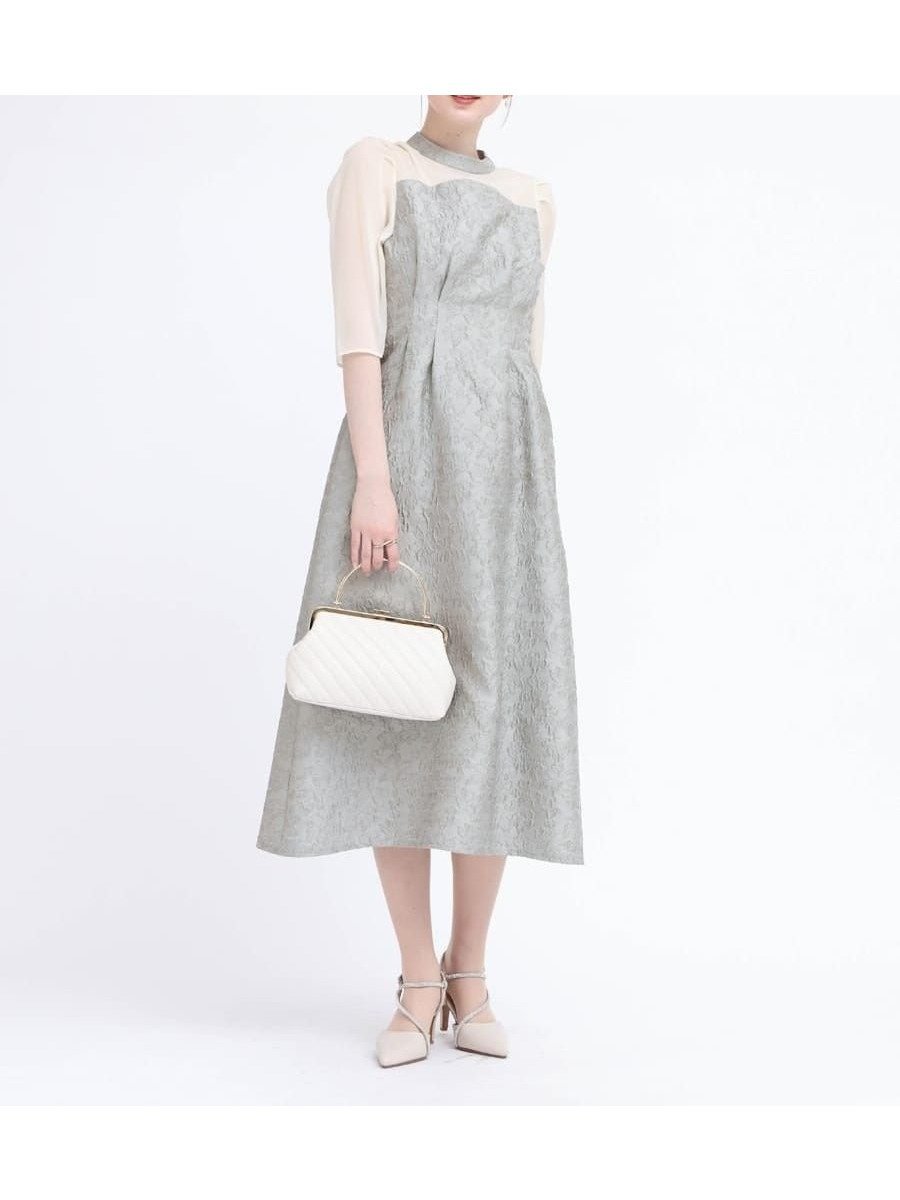 【ヴァン/Vin】のふくれジャガードバックリボンドレス インテリア・キッズ・メンズ・レディースファッション・服の通販 founy(ファウニー) 　ファッション　Fashion　レディースファッション　Fashion for Women　ワンピース　Dresses　フォーマル・パーティードレス・結婚式用ドレス　Elegant & Casual Dresses　シアー　Sheer, See-Through　デコルテ　Décolleté, Neckline　ドレス　Dress, One-Piece　フレア　Flare, Flared　リボン　Ribbon, Bow　エレガント 上品　Elegant　切替　Switching, Contrast Panel　グレージュ|ID: prp329100004977217 ipo3291000000037304494