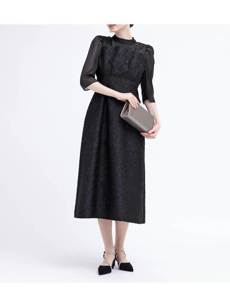 【ヴァン/Vin】のふくれジャガードバックリボンドレス インテリア・キッズ・メンズ・レディースファッション・服の通販 founy(ファウニー) 　ファッション　Fashion　レディースファッション　Fashion for Women　ワンピース　Dresses　フォーマル・パーティードレス・結婚式用ドレス　Elegant & Casual Dresses　シアー　Sheer, See-Through　デコルテ　Décolleté, Neckline　ドレス　Dress, One-Piece　フレア　Flare, Flared　リボン　Ribbon, Bow　エレガント 上品　Elegant　切替　Switching, Contrast Panel　ブラック|ID: prp329100004977217 ipo3291000000037304495