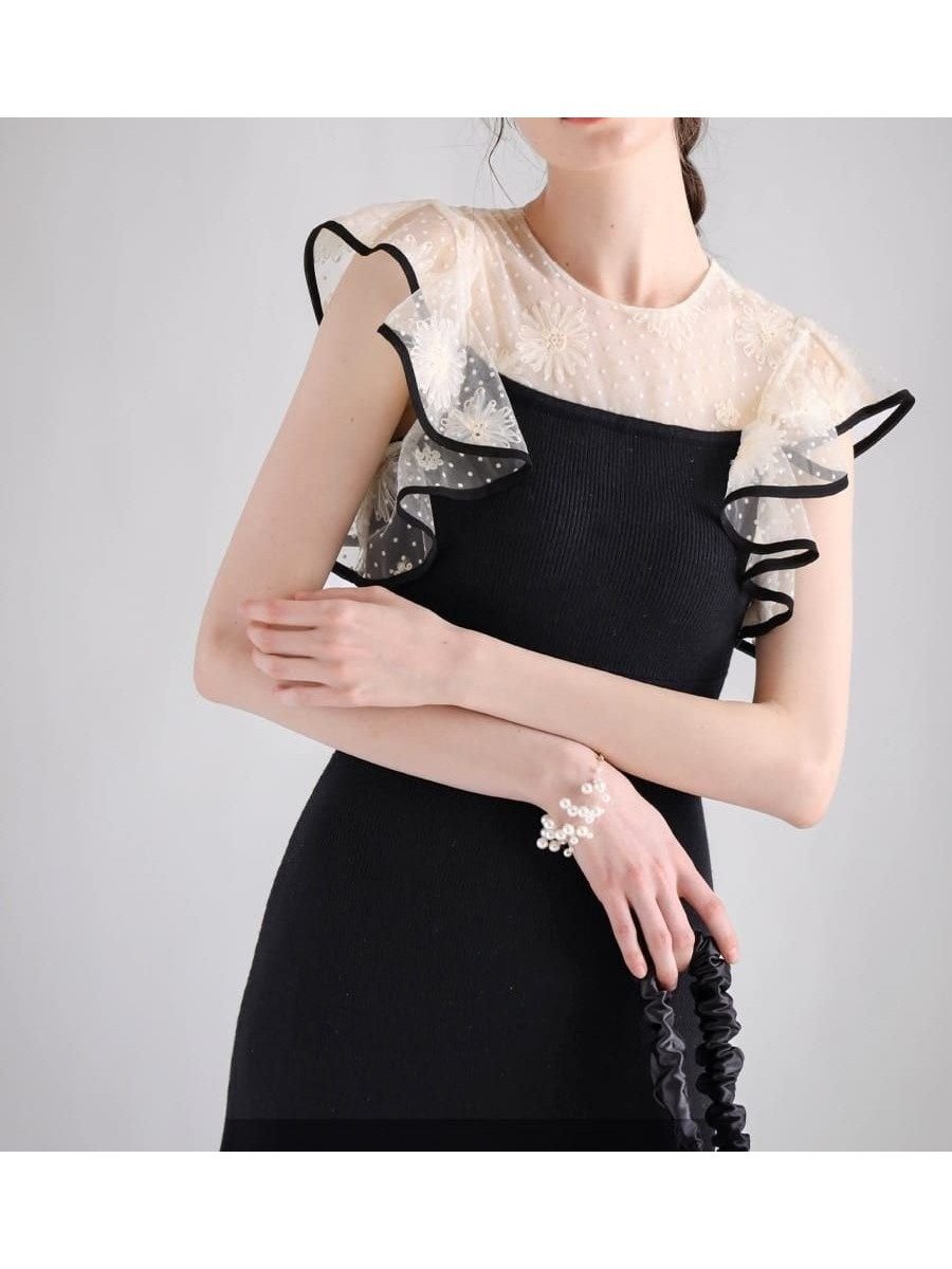 【ラシュッド/LASUD】のドットチュールドッキングニットワンピース 大人の最旬トレンドファッション＆コーディネート founy(ファウニー) 　ファッション　Fashion　レディースファッション　Fashion for Women　ワンピース　Dresses　ニットワンピース　Knit Dresses　スリーブ　Sleeve, Long Sleeve / Short Sleeve　チュール　Tulip, Tulip Motif　パイピング　Piping, Trim Design　フラワー　Flower, Floral　フレア　Flare, Flared　エレガント 上品　Elegant　結婚式　Wedding　 other-1|ID: prp329100004977222 ipo3291000000037304508
