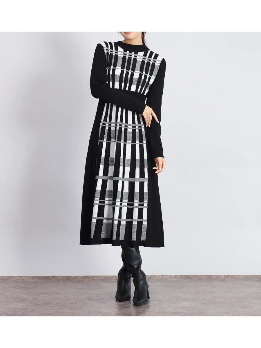 【ヴァン/Vin】のアートチェックバックリボンニットワンピ インテリア・キッズ・メンズ・レディースファッション・服の通販 founy(ファウニー) 　ファッション　Fashion　レディースファッション　Fashion for Women　ワンピース　Dresses　ニットワンピース　Knit Dresses　クラシカル　Classical, Vintage-Inspired　コンパクト　Compact, Small Size　ショート　Short, Short Length　チェック　Check, Plaid, Tartan　バランス　Balance, Style Balance　フレア　Flare, Flared　ブルゾン　Blouson, Bomber Jacket　リボン　Ribbon, Bow　ロング　Long, Long-Length　シロクロ|ID: prp329100004977269 ipo3291000000037304662