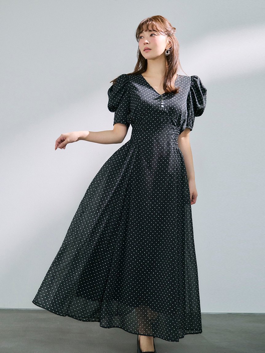【フレイ アイディー/FRAY I.D】のパフスリーブドットワンピース インテリア・キッズ・メンズ・レディースファッション・服の通販 founy(ファウニー) 　ファッション　Fashion　レディースファッション　Fashion for Women　ワンピース　Dresses　春　Spring　カットジャガード　Cut Jacquard　ギャザー　Gathered, Ruffled　今季　This Season, Current Season　シャーリング　Shirring, Ruched　スマート　Smart, Elegant　スリーブ　Sleeve, Long Sleeve / Short Sleeve　ドット　Polka Dot, Dot Pattern　フィット　Fit, Slim Fit　フェミニン　Feminine, Girly　プリント　Print, Printed Pattern　ロング　Long, Long-Length　エレガント 上品　Elegant　BLK[009]|ID: prp329100004977298 ipo3291000000037304772