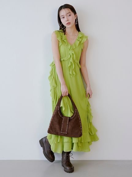 【リリーブラウン/Lily Brown】のラッフルフリルフレアワンピース インテリア・キッズ・メンズ・レディースファッション・服の通販 founy(ファウニー) 　ファッション　Fashion　レディースファッション　Fashion for Women　ワンピース　Dresses　インナー　Innerwear　シフォン　Chiffon, Lightweight Fabric　スマート　Smart, Elegant　ネップ　Nepp, Slub Yarn　フィット　Fit, Slim Fit　フリル　Frill, Ruffle　フレア　Flare, Flared　LIME[022]|ID: prp329100004977307 ipo3291000000037304802