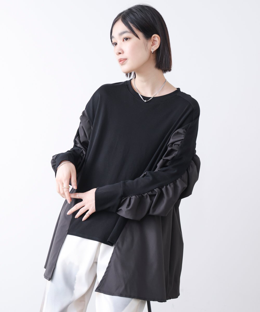 【バブ ブージュルード/Bab Bou Jeloud】のドッキングシャーリングチュニック インテリア・キッズ・メンズ・レディースファッション・服の通販 founy(ファウニー) 　ファッション　Fashion　レディースファッション　Fashion for Women　トップス・カットソー　Cut & Sew Tops　カットソー　Cut and Sewn Top　シンプル　Simple, Minimal　スタイリッシュ　Stylish, Fashionable　フリル　Frill, Ruffle　ロング　Long, Long-Length　再入荷　Restock / Back in Stock　BLACK|ID: prp329100004977320 ipo3291000000037304850