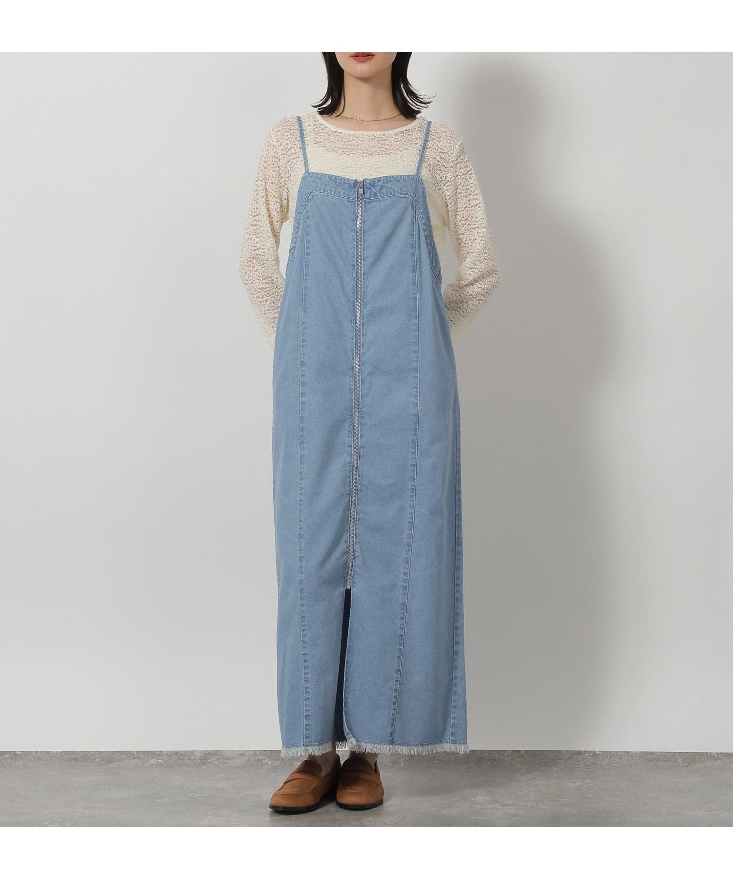 【ラコレ/LAKOLE】の裾フリンジデニムジャンスカ インテリア・キッズ・メンズ・レディースファッション・服の通販 founy(ファウニー) 　ファッション　Fashion　レディースファッション　Fashion for Women　おすすめ　Recommended / Our Picks　カットソー　Cut and Sewn Top　シンプル　Simple, Minimal　フロント　Front, Front Design　羽織　Haori, Light Jacket　ライトブルー|ID: prp329100004977327 ipo3291000000037304873
