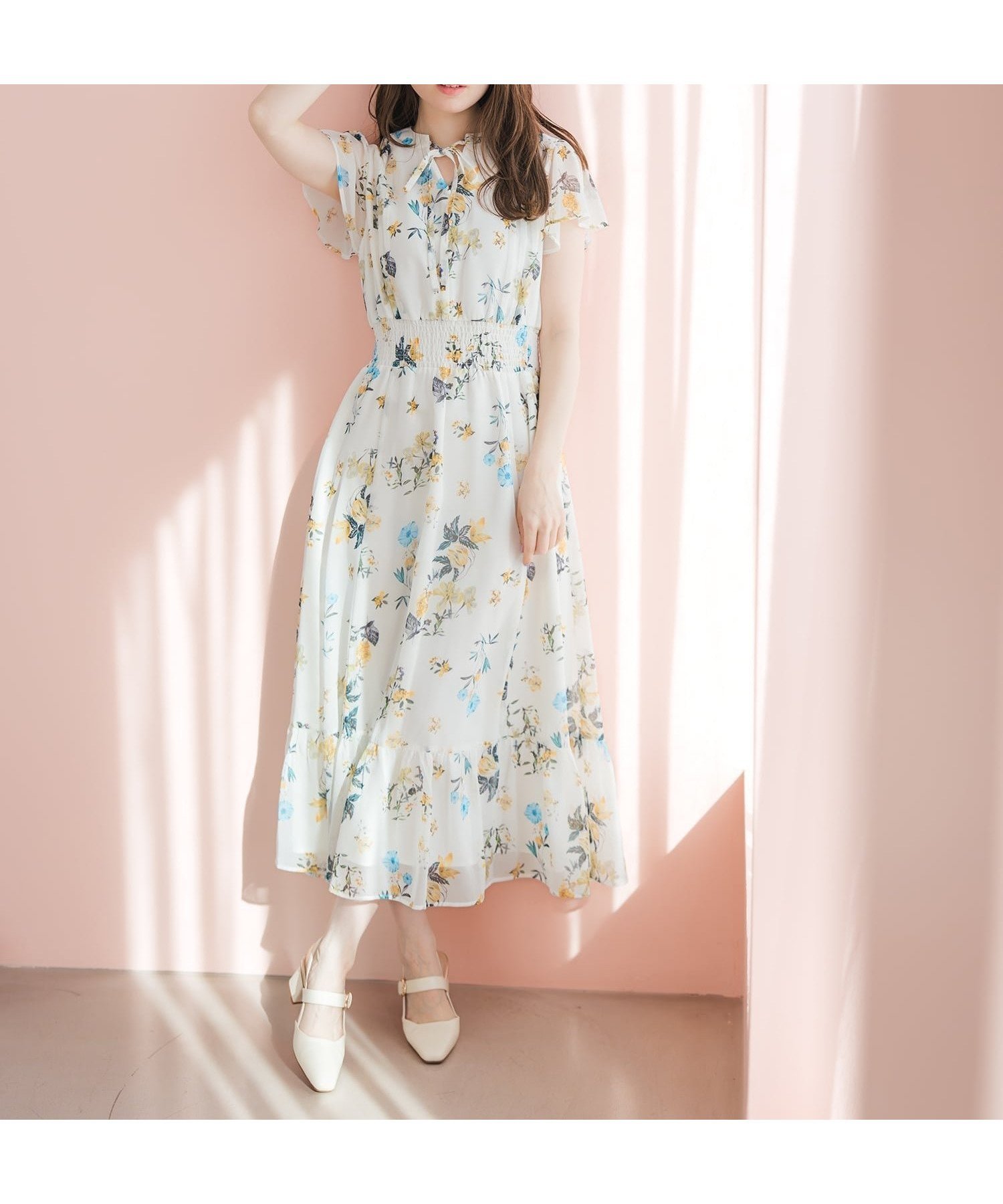 【ミッシュマッシュ/MISCH MASCH】のオリジナルプリント ボタニカルフラワーワンピース インテリア・キッズ・メンズ・レディースファッション・服の通販 founy(ファウニー) 　ファッション　Fashion　レディースファッション　Fashion for Women　ワンピース　Dresses　シャーリング　Shirring, Ruched　プリント　Print, Printed Pattern　リボン　Ribbon, Bow　エレガント 上品　Elegant　イエロー|ID: prp329100004977337 ipo3291000000037304913