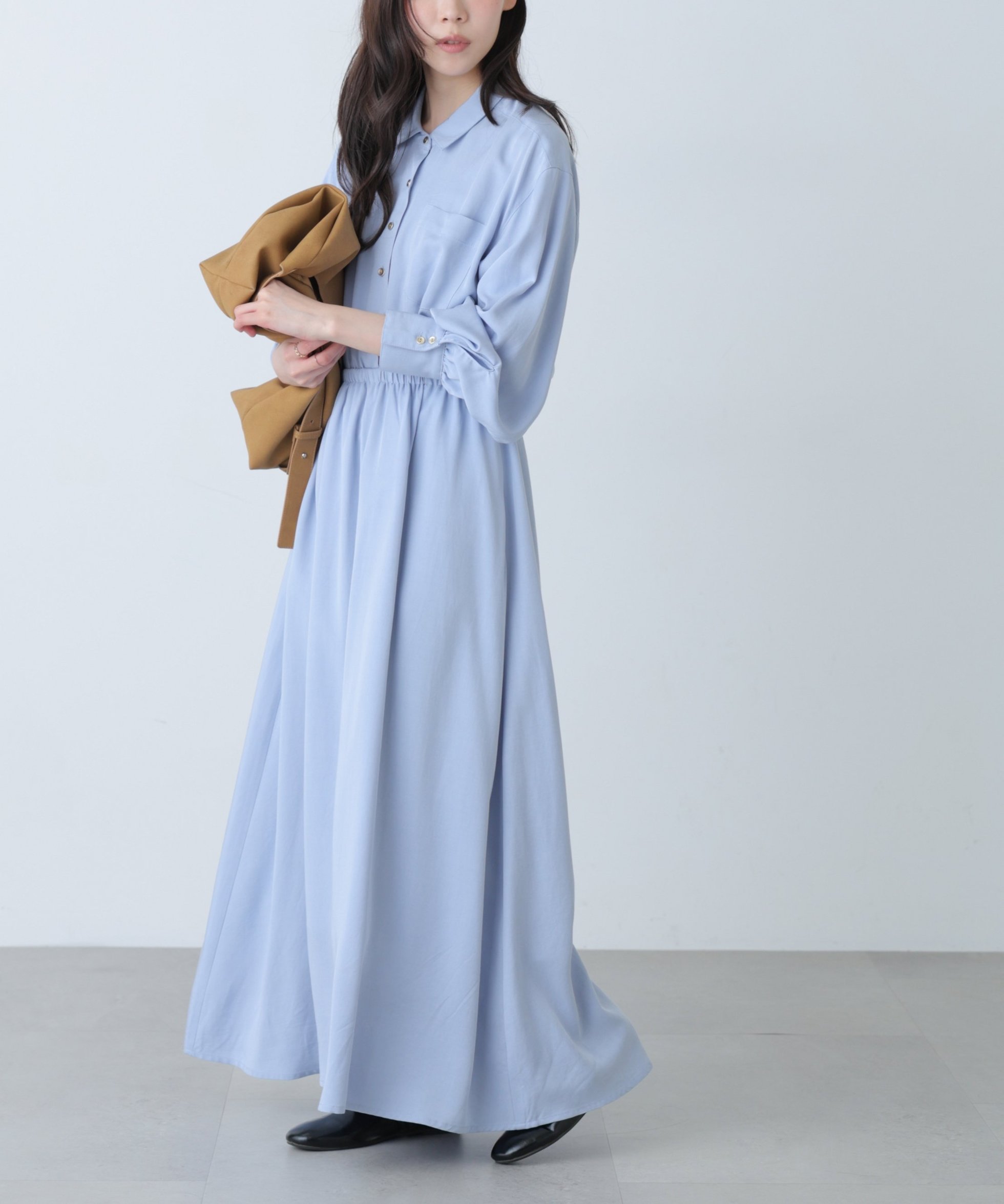 【フリーズマート/FREE'S MART】のロングシャツワンピース インテリア・キッズ・メンズ・レディースファッション・服の通販 founy(ファウニー) 　ファッション　Fashion　レディースファッション　Fashion for Women　ワンピース　Dresses　シャツワンピース / 1枚で着映えコーデ　Shirt Dresses　ストライプ　Stripe, Striped Pattern　ツイル　Twist, Twisted Detail　フレア　Flare, Flared　ブラウジング　Blouson Silhouette, Cinched Waist　ポケット　Pocket, Pocket Detail　無地　Plain, Solid Color　サックス|ID: prp329100004977342 ipo3291000000037304929