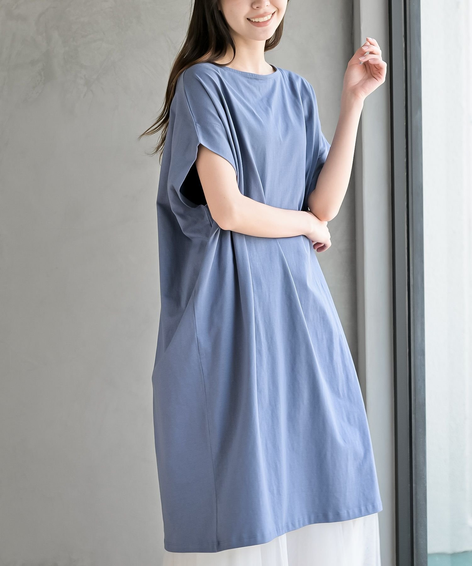 【アールピーエス/rps】のコットンワイドカットワンピース インテリア・キッズ・メンズ・レディースファッション・服の通販 founy(ファウニー) 　ファッション　Fashion　レディースファッション　Fashion for Women　ワンピース　Dresses　シンプル　Simple, Minimal　スリーブ　Sleeve, Long Sleeve / Short Sleeve　チュニック　Tunic, Long Top　フレンチ　French, French Style　ポケット　Pocket, Pocket Detail　リラックス　Relax, Relaxed Fit　グレイッシュブルー|ID: prp329100004977350 ipo3291000000037304952