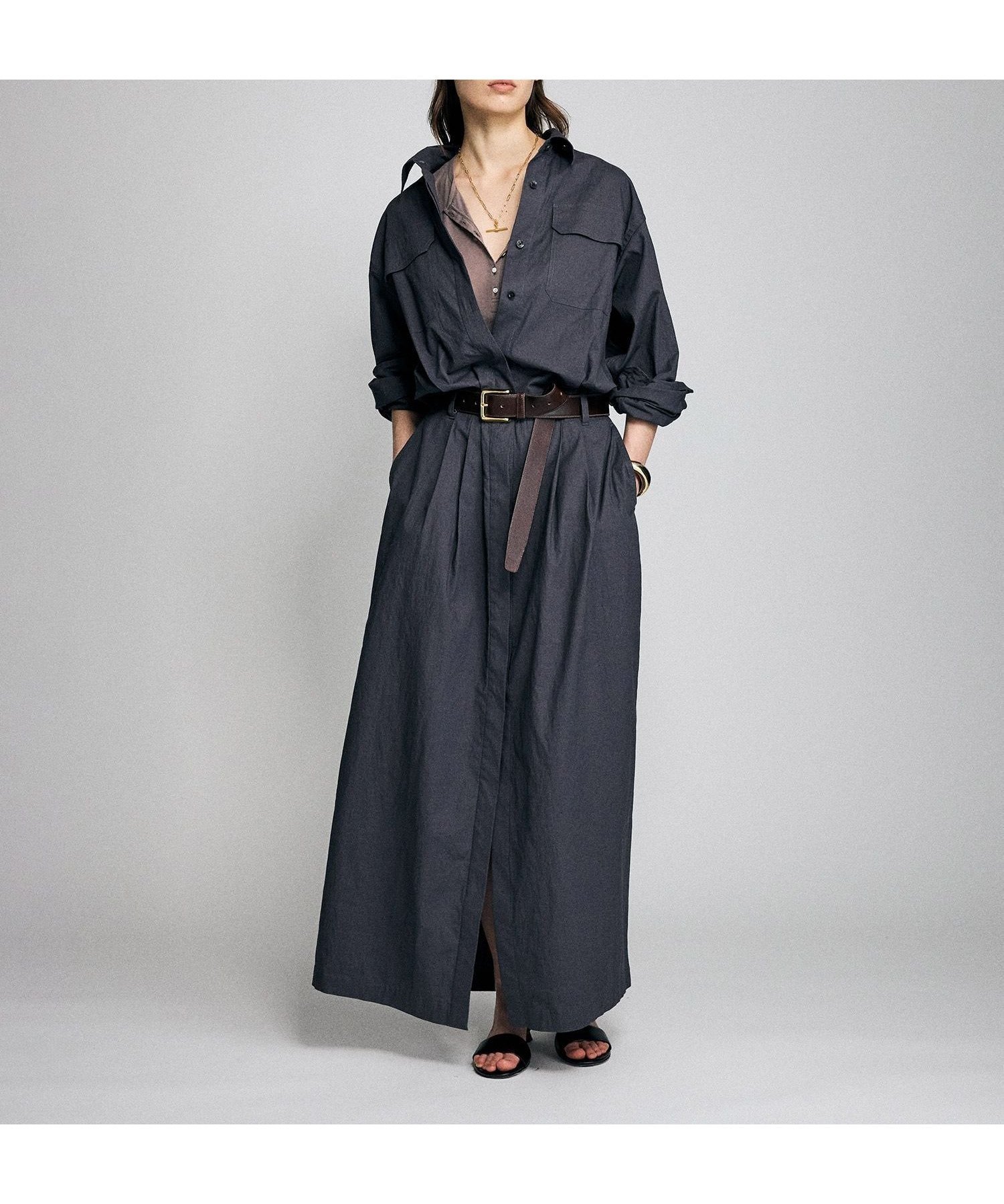 【ブリル/BRILL】のワッシャーシャツロングワンピース インテリア・キッズ・メンズ・レディースファッション・服の通販 founy(ファウニー) 　ファッション　Fashion　レディースファッション　Fashion for Women　ワンピース　Dresses　ストレート　Straight, Straight Cut　リネン　Linen, Linen Fabric　チャコールグレー|ID: prp329100004977372 ipo3291000000037305029