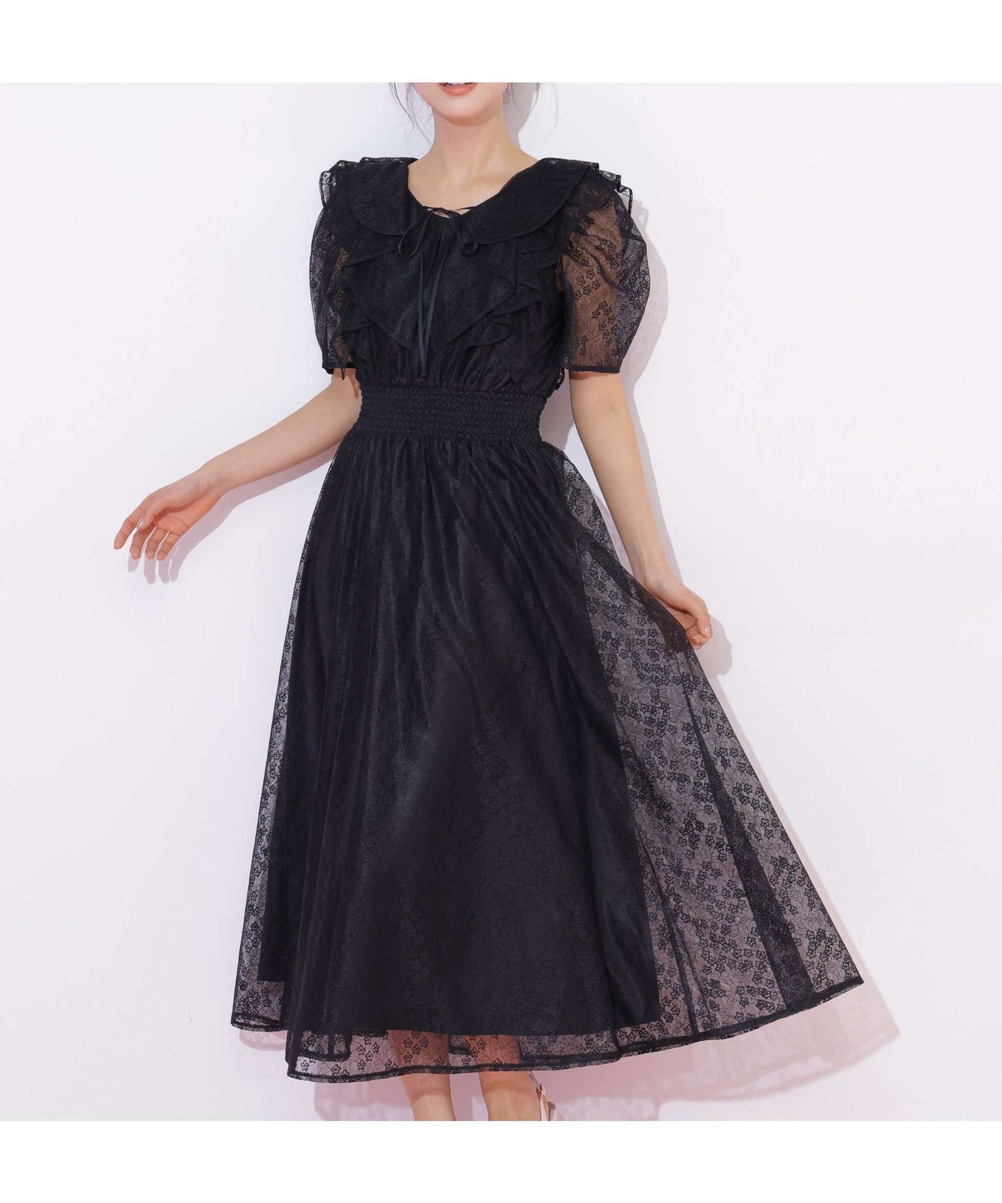 【ジルバイジルスチュアート/JILL by JILLSTUART】のバリエーションフリルワンピース インテリア・キッズ・メンズ・レディースファッション・服の通販 founy(ファウニー) 　ファッション　Fashion　レディースファッション　Fashion for Women　ワンピース　Dresses　スマート　Smart, Elegant　フィット　Fit, Slim Fit　フェミニン　Feminine, Girly　フリル　Frill, Ruffle　フレア　Flare, Flared　レース　Lace, Lace Fabric　ブラック|ID: prp329100004977381 ipo3291000000037305057