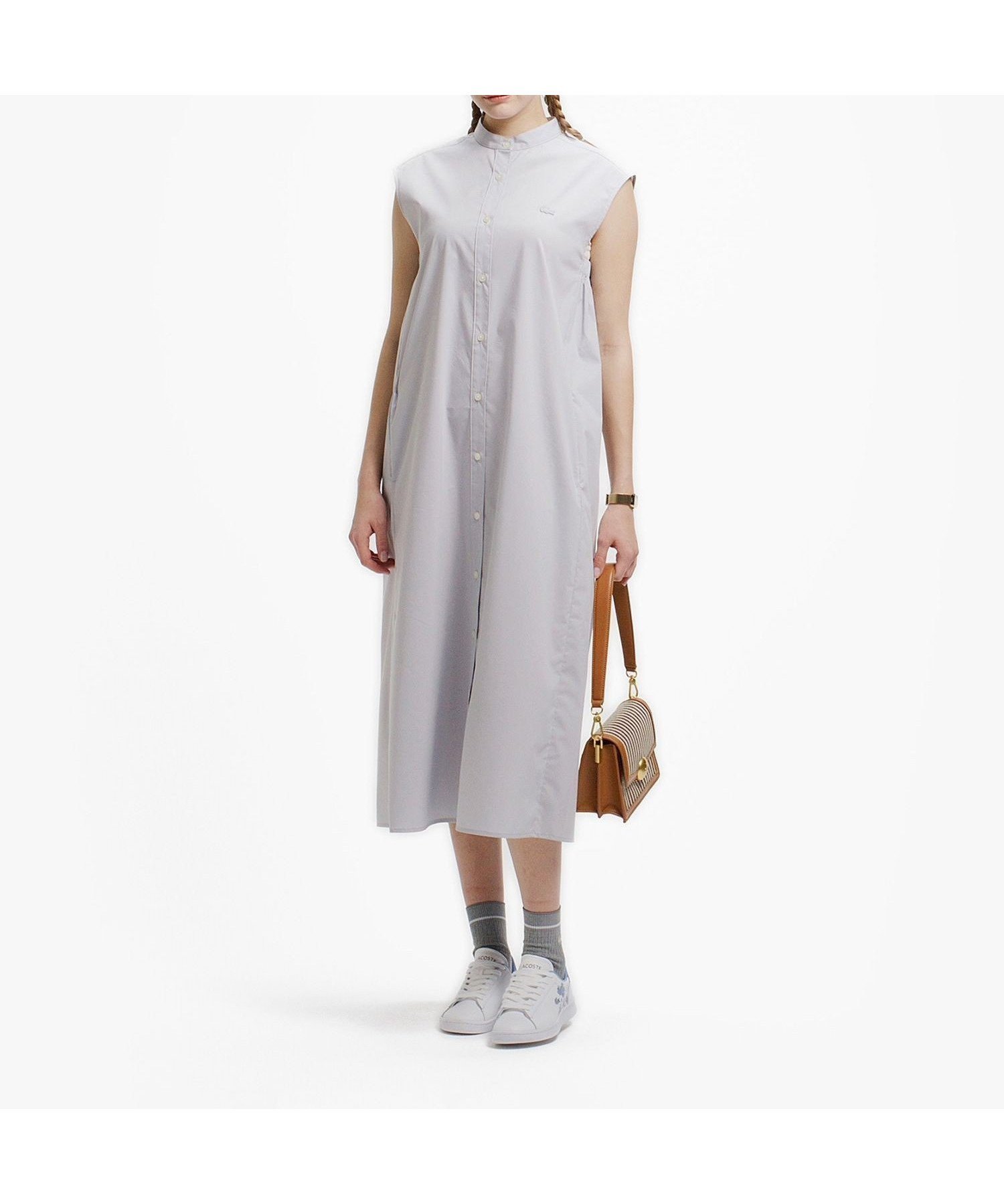 【ラコステ/LACOSTE】のAラインノースリーブシャツドレス / ミモレ丈シャツワンピース 大人の最旬トレンドファッション＆コーディネート founy(ファウニー) 　ファッション　Fashion　レディースファッション　Fashion for Women　ワンピース　Dresses　フォーマル・パーティードレス・結婚式用ドレス　Elegant & Casual Dresses　シャツワンピース / 1枚で着映えコーデ　Shirt Dresses　ギャザー　Gathered, Ruffled　ストレッチ　Stretch, Stretchy Fabric　タイプライター　Typewriter Fabric, Crisp Cotton　フェミニン　Feminine, Girly　 other-1|ID: prp329100004977390 ipo3291000000037305087