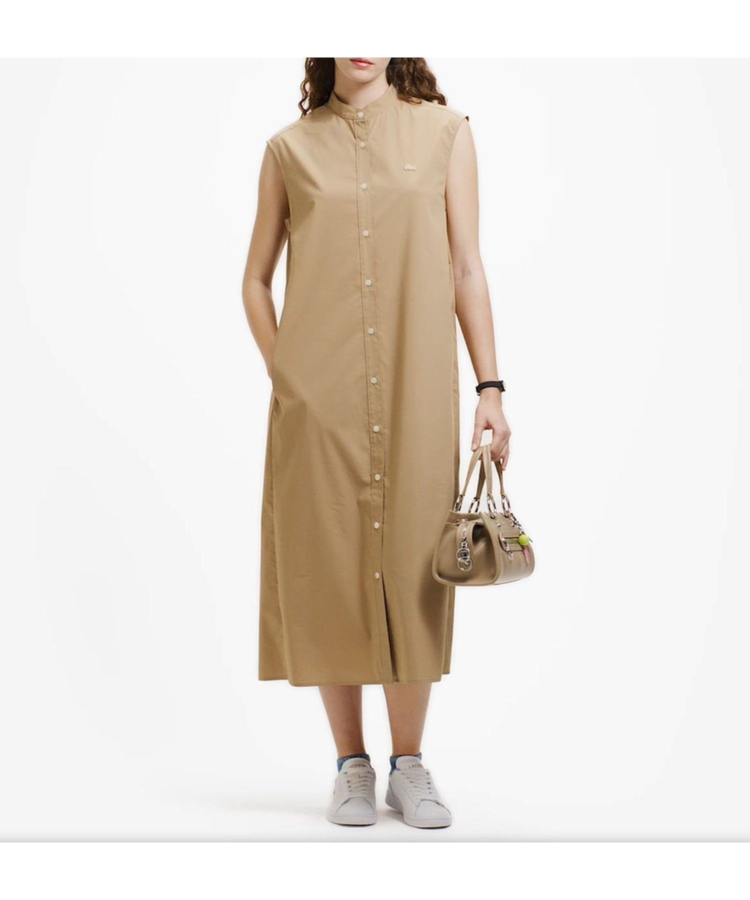 【ラコステ/LACOSTE】のAラインノースリーブシャツドレス / ミモレ丈シャツワンピース インテリア・キッズ・メンズ・レディースファッション・服の通販 founy(ファウニー) 　ファッション　Fashion　レディースファッション　Fashion for Women　ワンピース　Dresses　フォーマル・パーティードレス・結婚式用ドレス　Elegant & Casual Dresses　シャツワンピース / 1枚で着映えコーデ　Shirt Dresses　ギャザー　Gathered, Ruffled　ストレッチ　Stretch, Stretchy Fabric　タイプライター　Typewriter Fabric, Crisp Cotton　フェミニン　Feminine, Girly　ベージュ|ID: prp329100004977390 ipo3291000000037305089
