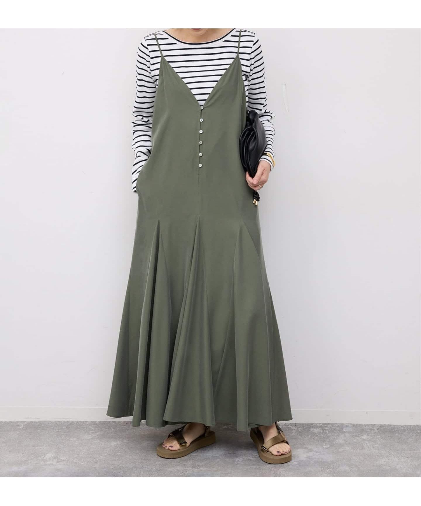 【スローブ イエナ/SLOBE IENA】のフィブリルキャミワンピース インテリア・キッズ・メンズ・レディースファッション・服の通販 founy(ファウニー) 　ファッション　Fashion　レディースファッション　Fashion for Women　ワンピース　Dresses　キャミソールワンピース　Camisole Dresses　2026年　2026　2026春夏・S/S　Spring/Summer 2026 SS26　とろみ　Fluid, Flowy Fabric　インナー　Innerwear　カットソー　Cut and Sewn Top　キャミワンピース　Cami Dress, Slip Dress　フロント　Front, Front Design　ベーシック　Basic, Essential　ペチコート　Petticoat, Underskirt　ボーダー　Border, Stripe　カーキ|ID: prp329100004977412 ipo3291000000037305172