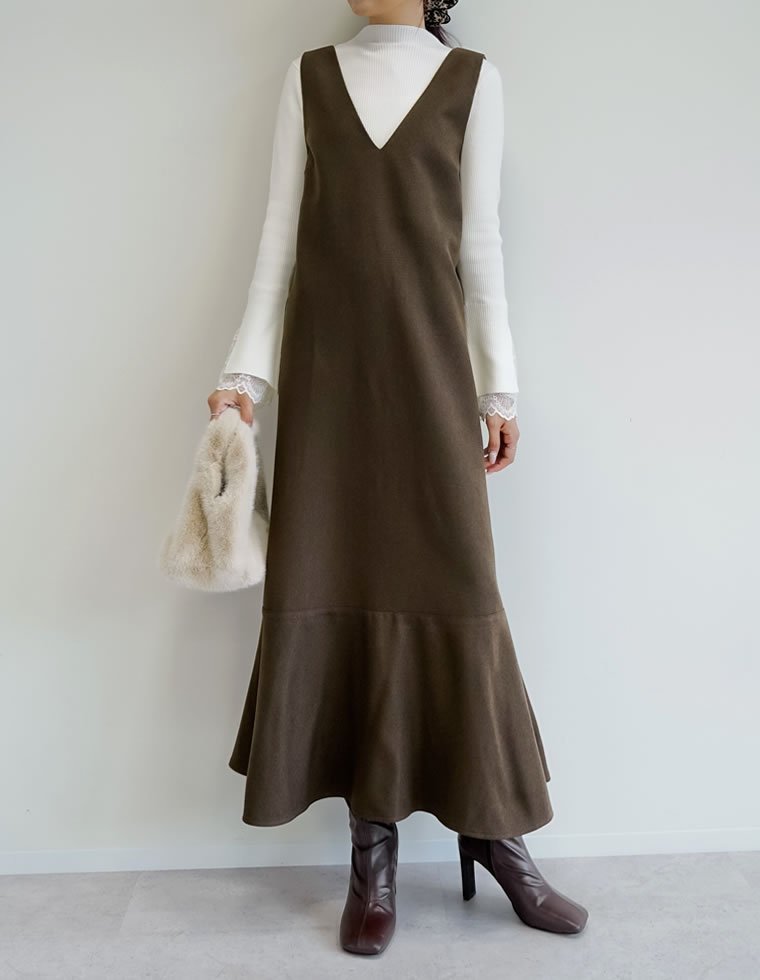 【リエディ/Re:EDIT】の微起毛ツイルナロージャンパースカート インテリア・キッズ・メンズ・レディースファッション・服の通販 founy(ファウニー) 　ファッション　Fashion　レディースファッション　Fashion for Women　スカート　Skirts　コンパクト　Compact, Small Size　シンプル　Simple, Minimal　ツイル　Twist, Twisted Detail　バランス　Balance, Style Balance　フェミニン　Feminine, Girly　フレア　Flare, Flared　マーメイド　Mermaid, Fishtail Silhouette　リブニット　Rib Knit, Ribbed Knit　レース　Lace, Lace Fabric　A/W・秋冬　Autumn/Winter　おすすめ　Recommended / Our Picks　ブラウン|ID: prp329100004977435 ipo3291000000037305257