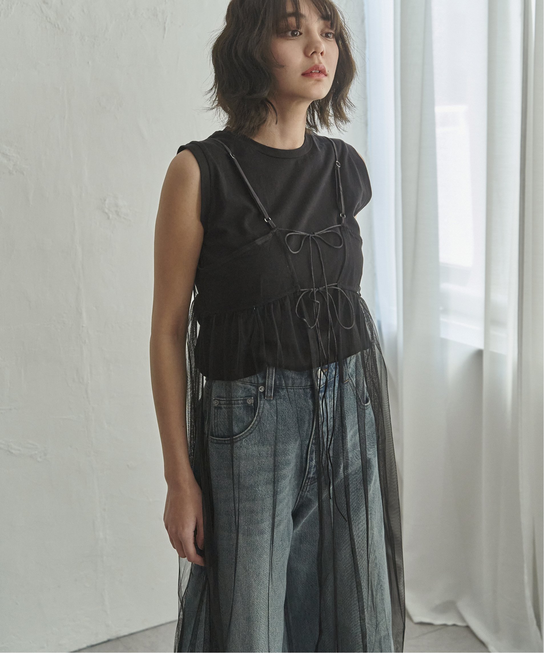 【ノッチ/notch】のチュールレースキャミワンピース インテリア・キッズ・メンズ・レディースファッション・服の通販 founy(ファウニー) 　ファッション　Fashion　レディースファッション　Fashion for Women　ワンピース　Dresses　キャミソールワンピース　Camisole Dresses　キャミワンピース　Cami Dress, Slip Dress　デニム　Denim, Jeans Material　ベーシック　Basic, Essential　ラップ　Wrap, Wrap Design　リボン　Ribbon, Bow　レース　Lace, Lace Fabric　ブラック|ID: prp329100004977444 ipo3291000000037305286