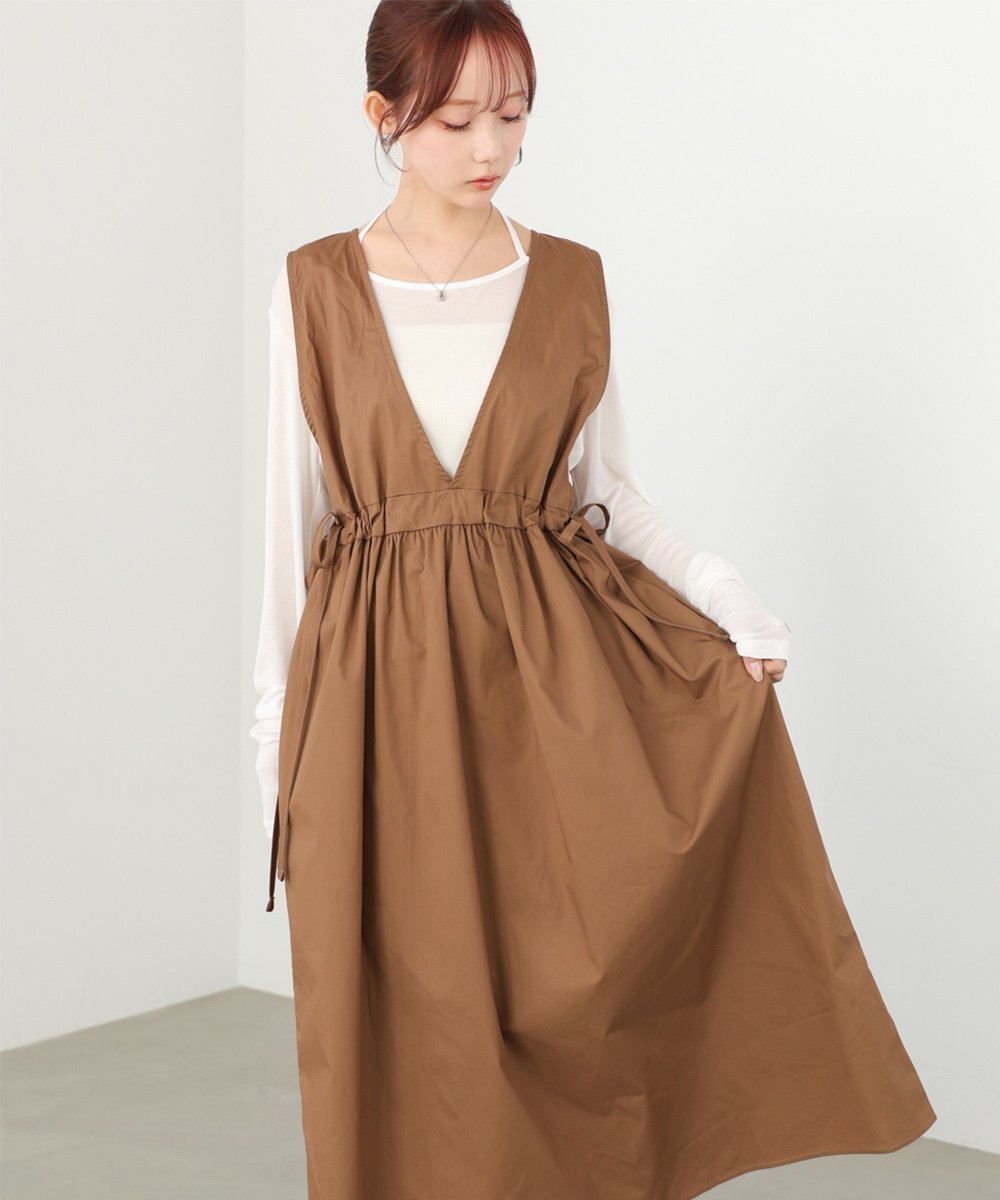 【バブ ブージュルード/Bab Bou Jeloud】のVネックサイドリボンワンピース インテリア・キッズ・メンズ・レディースファッション・服の通販 founy(ファウニー) 　ファッション　Fashion　レディースファッション　Fashion for Women　ワンピース　Dresses　インナー　Innerwear　シューズ　Shoes, Footwear　スマート　Smart, Elegant　ダウン　Down, Puffer　チェック　Check, Plaid, Tartan　フラット　Flat, Flat Shoes　リブニット　Rib Knit, Ribbed Knit　ロング　Long, Long-Length　再入荷　Restock / Back in Stock　おすすめ　Recommended / Our Picks　BROWN|ID: prp329100004977447 ipo3291000000037305297