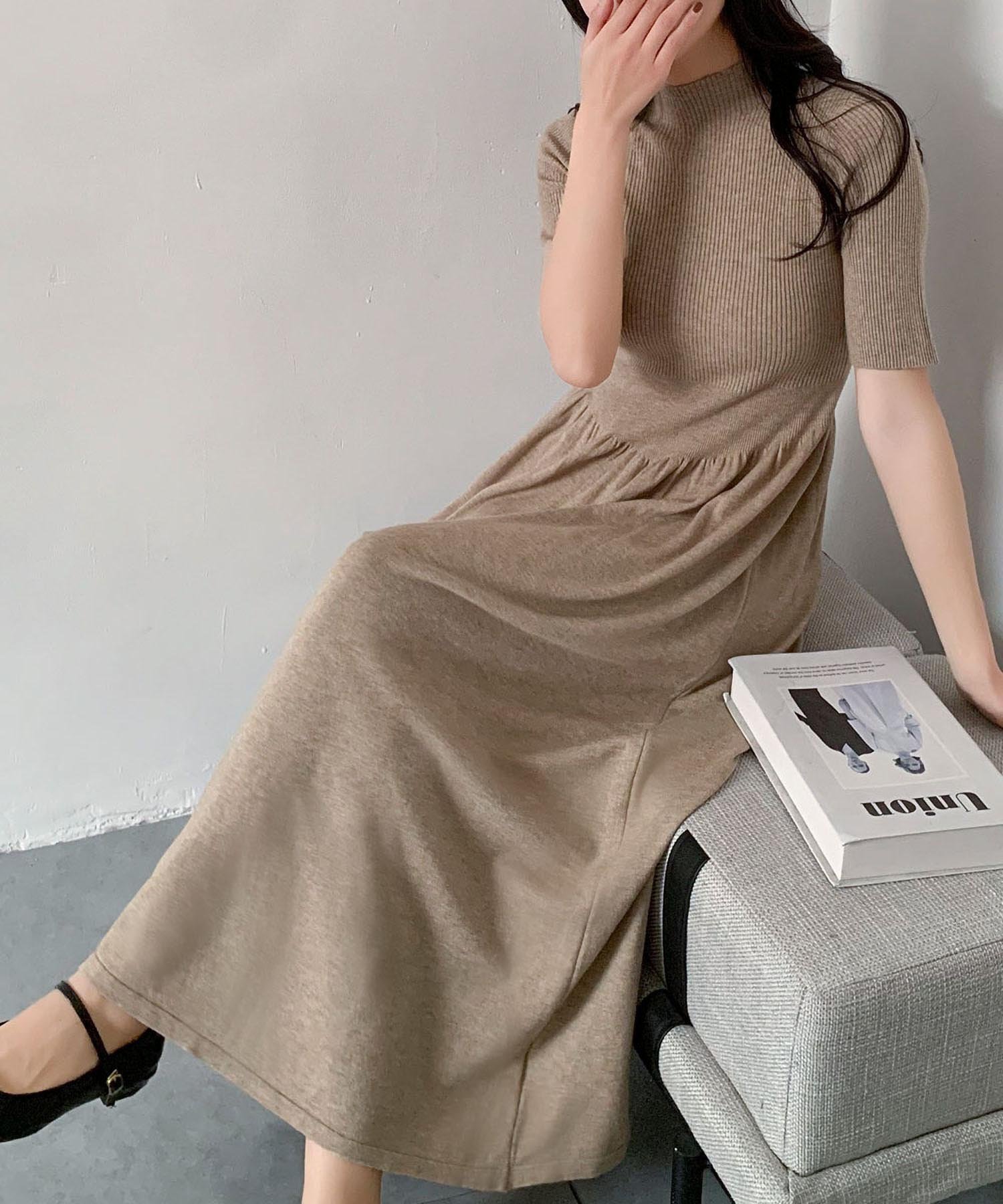 【リバーフィールド アンド コー/RIVER FIELD & Co】のハイネック ニット ロングワンピース インテリア・キッズ・メンズ・レディースファッション・服の通販 founy(ファウニー) 　ファッション　Fashion　レディースファッション　Fashion for Women　ワンピース　Dresses　ギャザー　Gathered, Ruffled　ジャケット　Jacket, Outerwear　ハイネック　High Neck, Mock Neck　フレア　Flare, Flared　ボトルネック　Bottle Neck, Mock Neck　半袖　Short Sleeve, Half Sleeve　ロング　Long, Long-Length　再入荷　Restock / Back in Stock　BE|ID: prp329100004977449 ipo3291000000037305301