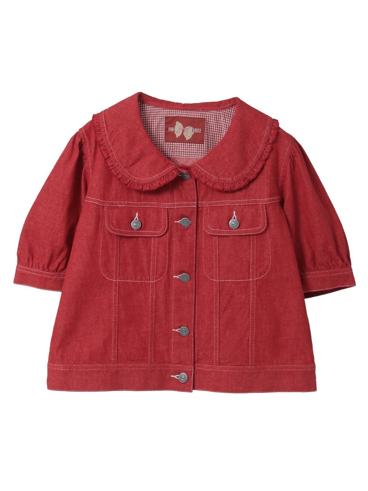 【ピンクハウス/PINK HOUSE】のデニムクロップドジャケット インテリア・キッズ・メンズ・レディースファッション・服の通販 founy(ファウニー) 　ファッション　Fashion　レディースファッション　Fashion for Women　アウター　Coat / Outerwear Collection　レディースジャケット・軽アウター　Jackets　クロップド　Cropped, Short Length　ジャケット　Jacket, Outerwear　チュニック　Tunic, Long Top　デニム　Denim, Jeans Material　ネップ　Nepp, Slub Yarn　フリル　Frill, Ruffle　エレガント 上品　Elegant　アカ|ID: prp329100004978229 ipo3291000000037308439