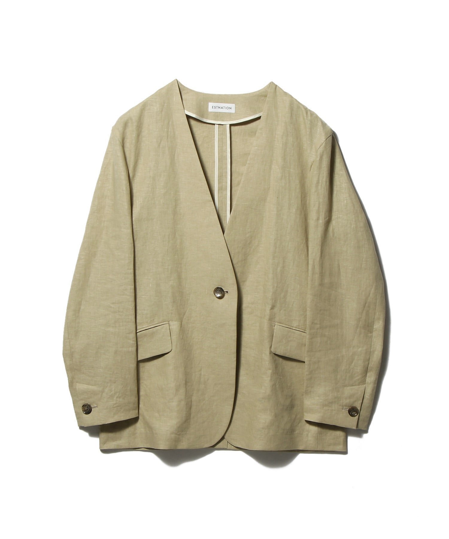 【エストネーション/ESTNATION】のESTNATION / リネンノーカラージャケット インテリア・キッズ・メンズ・レディースファッション・服の通販 founy(ファウニー) 　ファッション　Fashion　レディースファッション　Fashion for Women　アウター　Coat / Outerwear Collection　レディースジャケット・軽アウター　Jackets　ノーカラージャケット / シンプル上品コーデ　Collarless Jackets　おすすめ　Recommended / Our Picks　ジャケット　Jacket, Outerwear　セットアップ　Set-Up, Coordinated Outfit　フロント　Front, Front Design　リネン　Linen, Linen Fabric　ベージュ|ID: prp329100004978262 ipo3291000000037308573