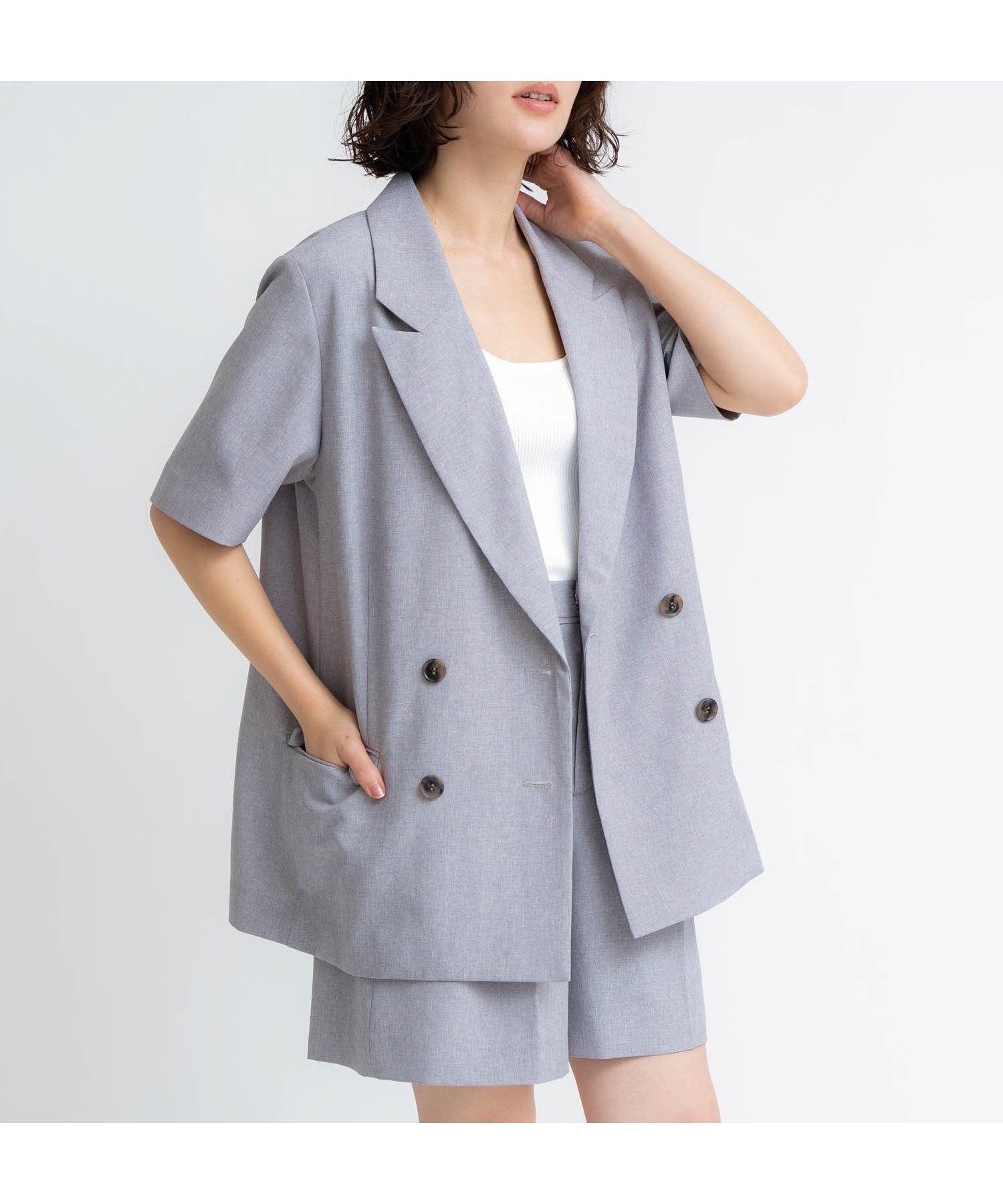 【ノエラ/Noela】のリネンライクハーフスリーブジャケット インテリア・キッズ・メンズ・レディースファッション・服の通販 founy(ファウニー) 　ファッション　Fashion　レディースファッション　Fashion for Women　アウター　Coat / Outerwear Collection　レディースジャケット・軽アウター　Jackets　スリーブ　Sleeve, Long Sleeve / Short Sleeve　セットアップ　Set-Up, Coordinated Outfit　ハーフ　Half, Half-Length　バランス　Balance, Style Balance　ポケット　Pocket, Pocket Detail　グレー|ID: prp329100004978304 ipo3291000000037308708