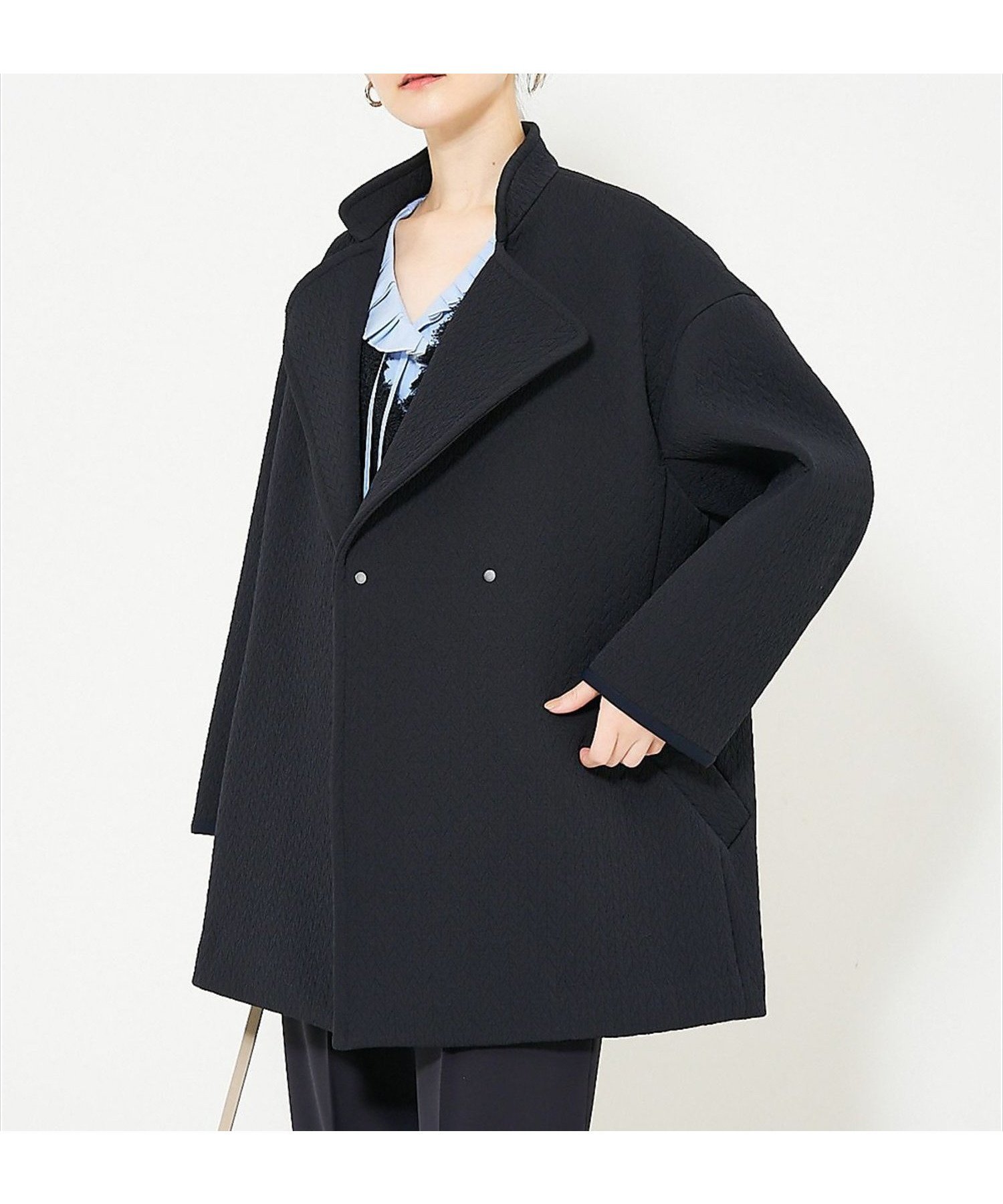 【カリテ/qualite】のヘリンボンジャガードコート インテリア・キッズ・メンズ・レディースファッション・服の通販 founy(ファウニー) 　ファッション　Fashion　レディースファッション　Fashion for Women　アウター　Coat / Outerwear Collection　コート・ロングコート・ピーコート　Long Coats, Peacoats & More　カットソー　Cut and Sewn Top　スタイリッシュ　Stylish, Fashionable　ダウン　Down, Puffer　デニム　Denim, Jeans Material　ワイド　Wide, Wide Fit　エレガント 上品　Elegant　冬　Winter / This Winter　ネイビー|ID: prp329100004978318 ipo3291000000037308757