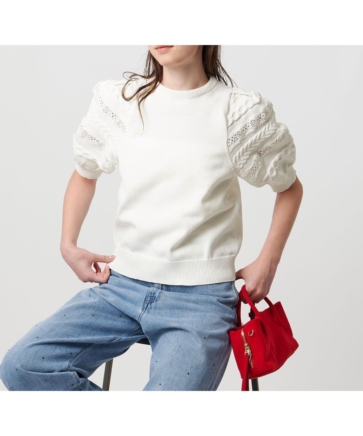 【ユナイテッドアローズ/UNITED ARROWS】のレース コンビ パフ ニット ウォッシャブル インテリア・キッズ・メンズ・レディースファッション・服の通販 founy(ファウニー) 　ファッション　Fashion　レディースファッション　Fashion for Women　トップス・カットソー　Cut & Sew Tops　ニット　Knit Tops & Sweaters　ウォッシャブル　Machine Washable　コンパクト　Compact, Small Size　コンビ　Combo, Combination Style　軽量　Lightweight, Ultra Light　レース　Lace, Lace Fabric　ワイド　Wide, Wide Fit　アウトレット　Outlet / Clearance　エレガント 上品　Elegant　OFF WHITE|ID: prp329100004978342 ipo3291000000037308835