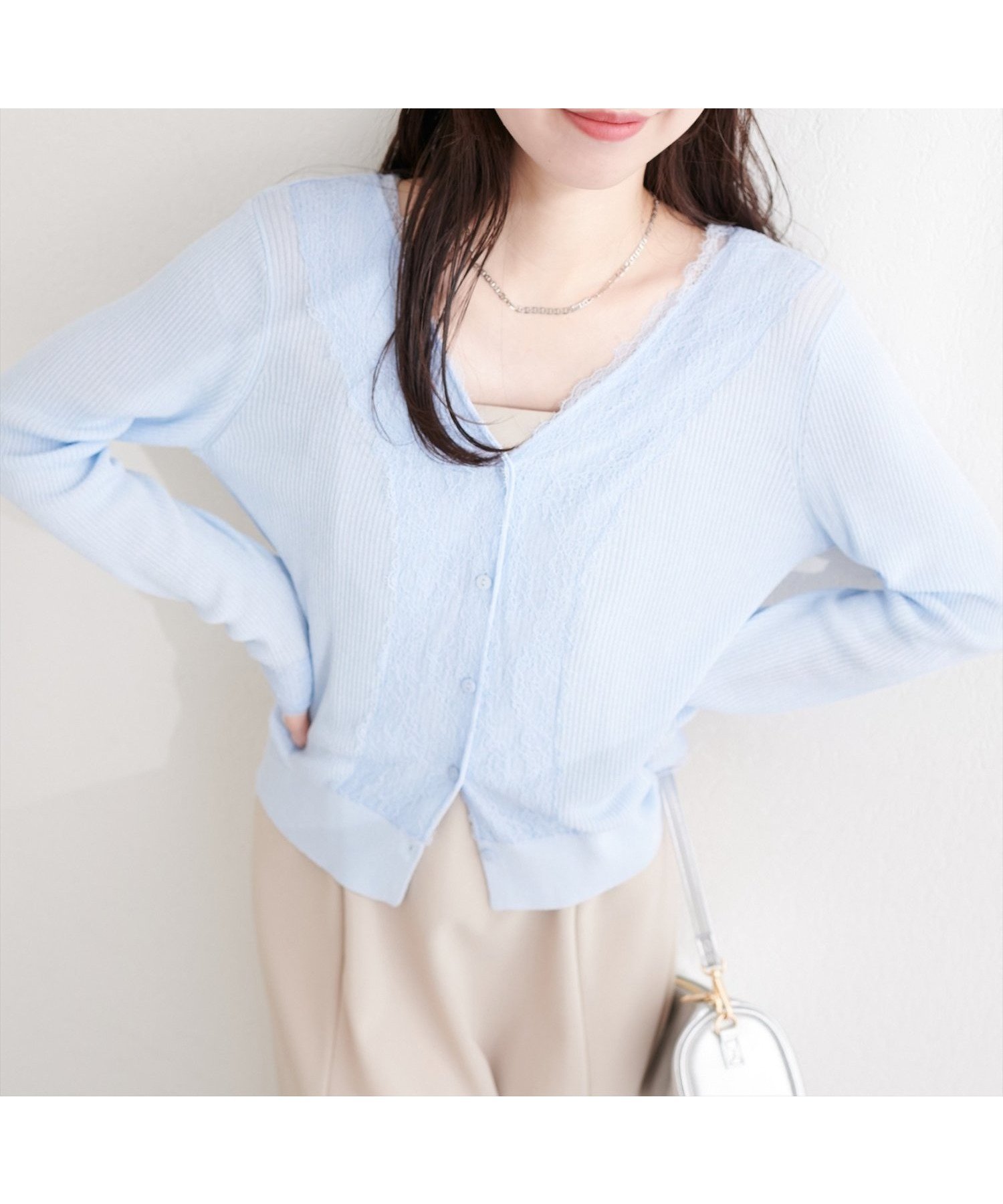 【ナチュラルクチュール/natural couture】のリバーレースVネックカーデ インテリア・キッズ・メンズ・レディースファッション・服の通販 founy(ファウニー) 　ファッション　Fashion　レディースファッション　Fashion for Women　トップス・カットソー　Cut & Sew Tops　Vネックトップス　V-Neck Tops / V-Cut Neckline Shirts　アクセサリー　Fashion Accessories　インナー　Innerwear　エレガント 上品　Elegant　カットソー　Cut and Sewn Top　カーディガン　Cardigan, Knitwear　サンダル　Sandals, Summer Shoes　スニーカー　Sneakers, Trainers　スリット　Slit, Slit Detail　ダウン　Down, Puffer　デコルテ　Décolleté, Neckline　デニム　Denim, Jeans Material　トレンド　Trend, Trending Now　ネックレス　Necklace, Pendant Necklace　パール　Pearl, Pearl Accent　フェミニン　Feminine, Girly　フレア　Flare, Flared　フロント　Front, Front Design　プリーツ　Pleats, Pleated　レース　Lace, Lace Fabric　再入荷　Restock / Back in Stock　2026年　2026　2026春夏・S/S　Spring/Summer 2026 SS26　サックスブルー|ID: prp329100004978367 ipo3291000000037308915