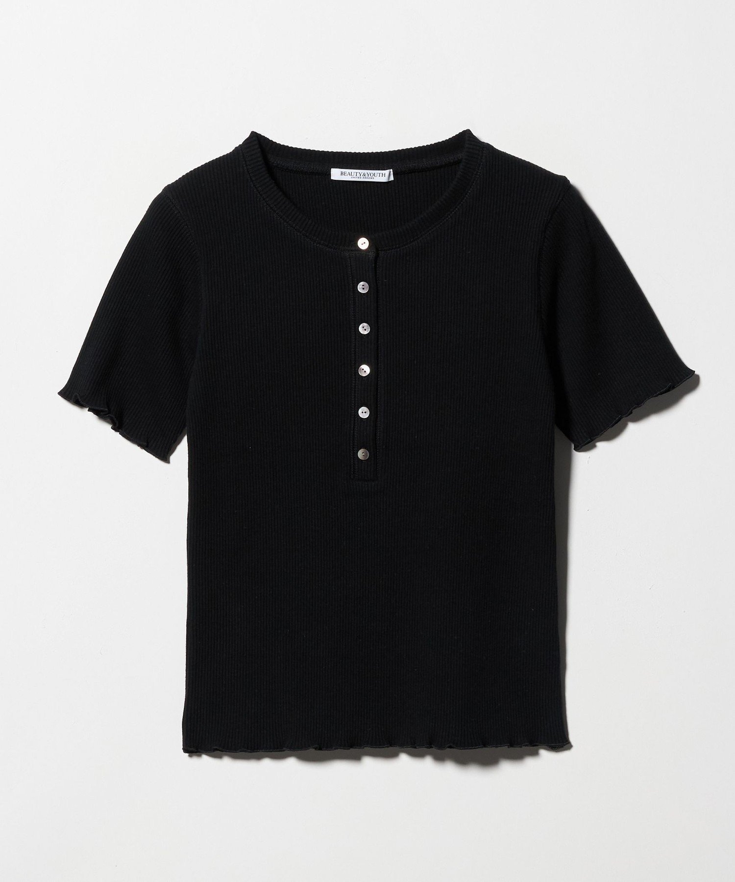 【ビューティ&ユース ユナイテッドアローズ/BEAUTY&YOUTH / UNITED ARROWS】のコットン リブ ヘンリーネック ショートスリーブ カットソー インテリア・キッズ・メンズ・レディースファッション・服の通販 founy(ファウニー) 　ファッション　Fashion　レディースファッション　Fashion for Women　トップス・カットソー　Cut & Sew Tops　カットソー・ベーシックTシャツ　Cut-and-Sewn Tops / Stretch Tees & Basics　インナー　Innerwear　カットソー　Cut and Sewn Top　コンパクト　Compact, Small Size　ショート　Short, Short Length　シンプル　Simple, Minimal　ジャケット　Jacket, Outerwear　スリーブ　Sleeve, Long Sleeve / Short Sleeve　テレコ　Ribbed, Rib Stitch　BLACK|ID: prp329100004978387 ipo3291000000037309036