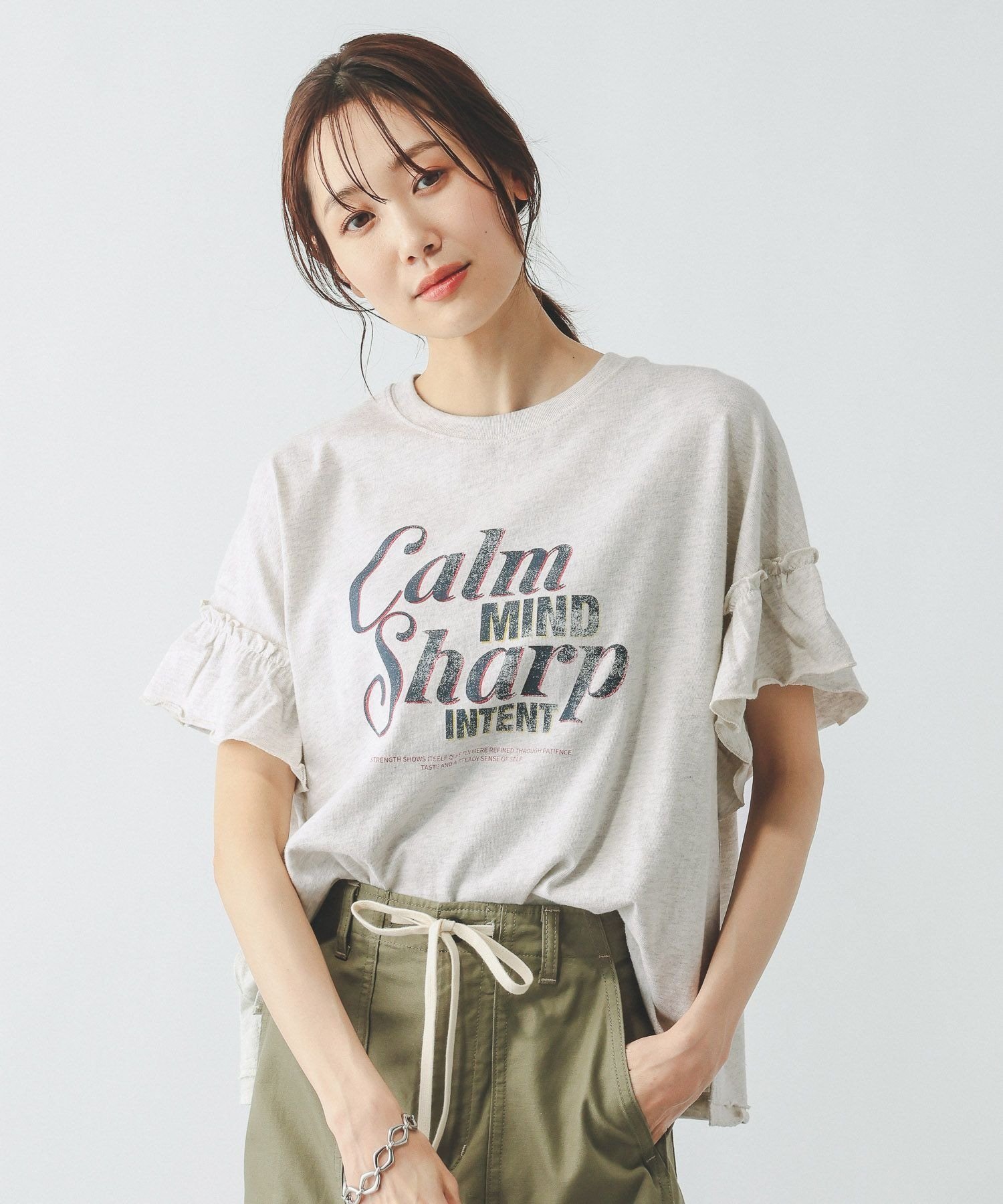 【グローバルワーク/GLOBAL WORK】のヘビロッTEEフリルプリント半袖/663965 インテリア・キッズ・メンズ・レディースファッション・服の通販 founy(ファウニー) 　ファッション　Fashion　レディースファッション　Fashion for Women　トップス・カットソー　Cut & Sew Tops　おすすめ　Recommended / Our Picks　アウトドア　Outdoor Clothing　カーゴパンツ　Cargo Pants, Utility Pants　サンダル　Sandals, Summer Shoes　フリル　Frill, Ruffle　プリント　Print, Printed Pattern　ヴィンテージ　Vintage Style　半袖　Short Sleeve, Half Sleeve　夏　Summer　杢グレーロゴ12|ID: prp329100004978413 ipo3291000000037309175