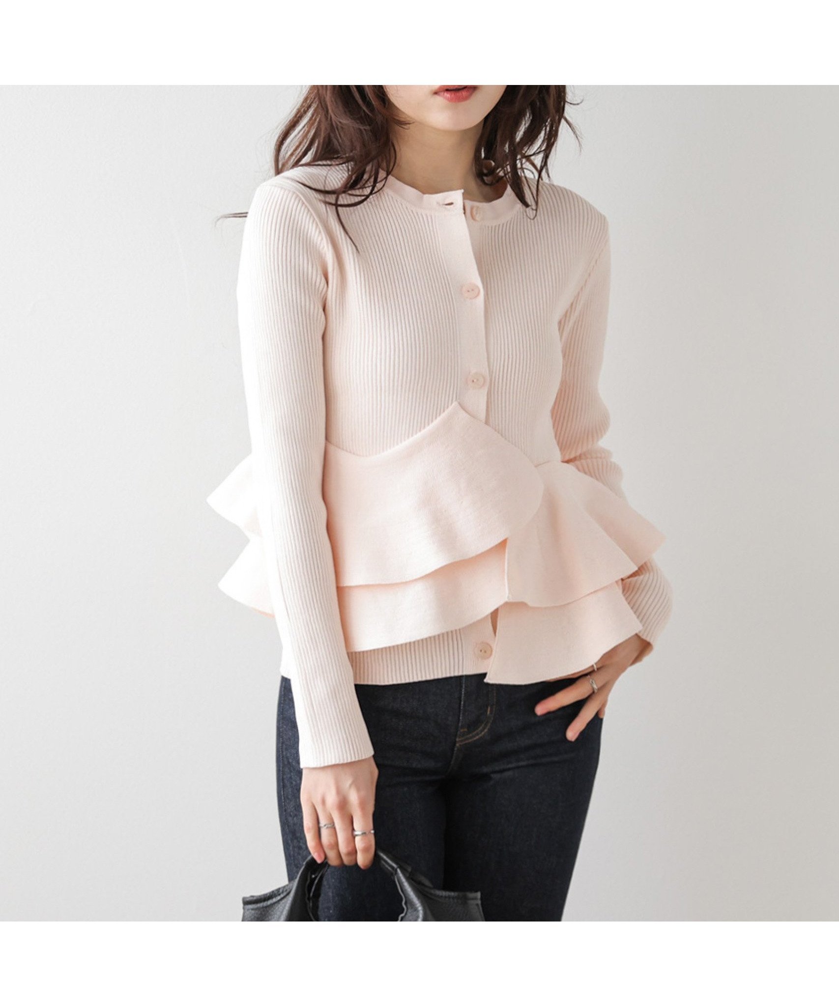 【ラジュール/Lajour】のペプラムリブニットカーディガン インテリア・キッズ・メンズ・レディースファッション・服の通販 founy(ファウニー) 　ファッション　Fashion　レディースファッション　Fashion for Women　トップス・カットソー　Cut & Sew Tops　ニット　Knit Tops & Sweaters　カーディガン・羽織り　Layered Style Cardigans　2026年　2026　2026春夏・S/S　Spring/Summer 2026 SS26　アシンメトリー　Asymmetrical Style　イレギュラー　Irregular Design　デコルテ　Décolleté, Neckline　フリル　Frill, Ruffle　ペプラム　Peplum, Flared Hem　Uネックピンク|ID: prp329100004978437 ipo3291000000037309330