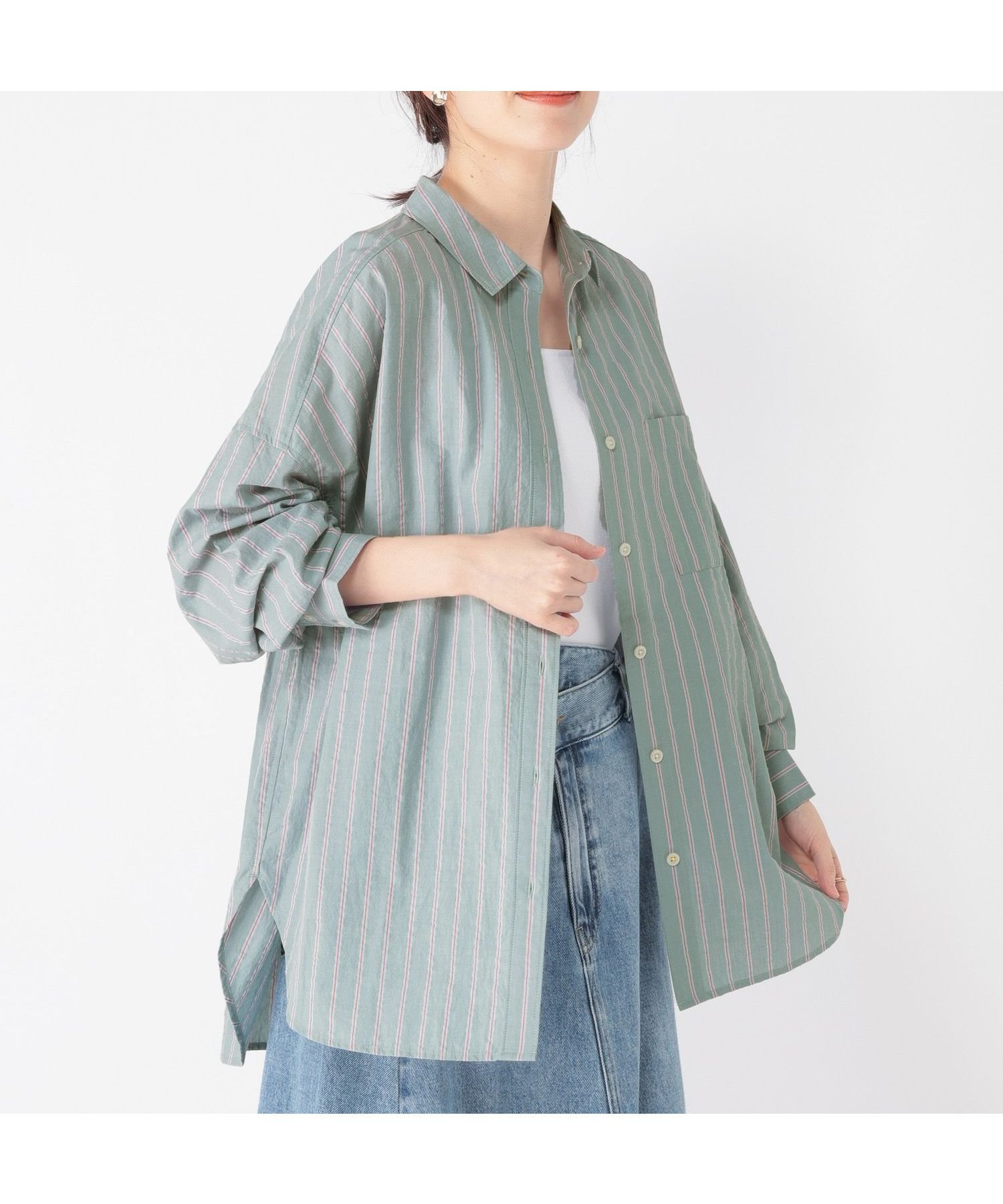 【スタディオ クリップ/studio CLIP】の刺繍ストライプBIGシャツ インテリア・キッズ・メンズ・レディースファッション・服の通販 founy(ファウニー) 　ファッション　Fashion　レディースファッション　Fashion for Women　トップス・カットソー　Cut & Sew Tops　シャツ・ブラウス・オフィスカジュアル　Elegant Blouses & Button-Ups　サテン　Satin, Glossy Fabric　シンプル　Simple, Minimal　スウェット / スエット　Sweatshirt, Sweatwear　ストライプ　Stripe, Striped Pattern　タートル　Turtleneck, Turtle Collar　デニム　Denim, Jeans Material　ビッグ　Big, Oversized　ポケット　Pocket, Pocket Detail　ワイド　Wide, Wide Fit　定番　Standard, Basic Item　春　Spring　グリーン03|ID: prp329100004978439 ipo3291000000037309341