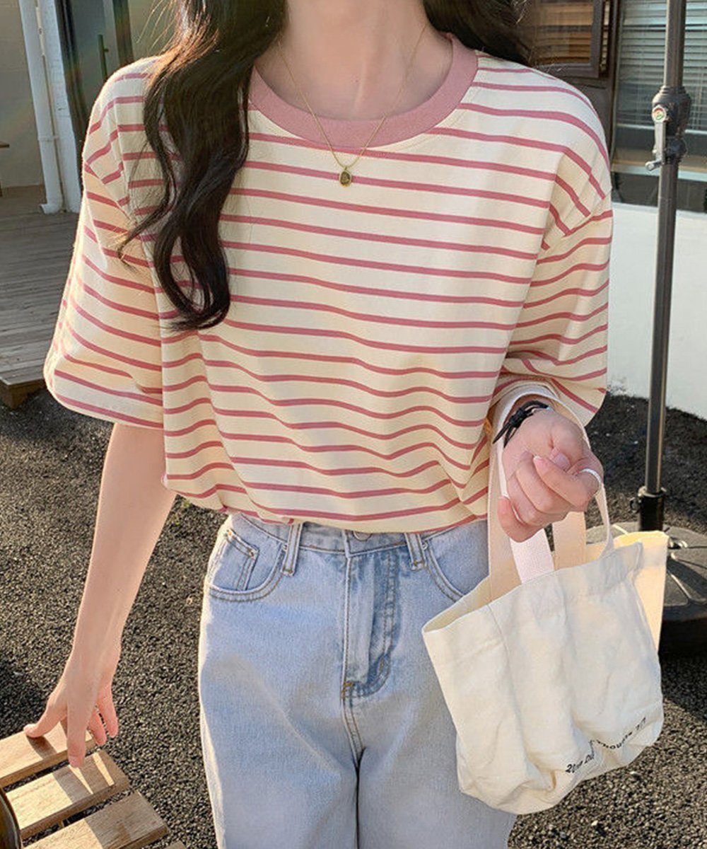 【ミニミニストア/miniministore】のボーダーtシャツ半袖 レディース 韓国風 インテリア・キッズ・メンズ・レディースファッション・服の通販 founy(ファウニー) 　ファッション　Fashion　レディースファッション　Fashion for Women　トップス・カットソー　Cut & Sew Tops　シャツ・ブラウス・オフィスカジュアル　Elegant Blouses & Button-Ups　ロングTシャツ・Tシャツ　Longline T-Shirts & Tees　デニム　Denim, Jeans Material　トレンド　Trend, Trending Now　ボーダー　Border, Stripe　半袖　Short Sleeve, Half Sleeve　ラウンド　Round, Round Neck　ワイド　Wide, Wide Fit　夏　Summer　ピンク|ID: prp329100004978489 ipo3291000000037309626