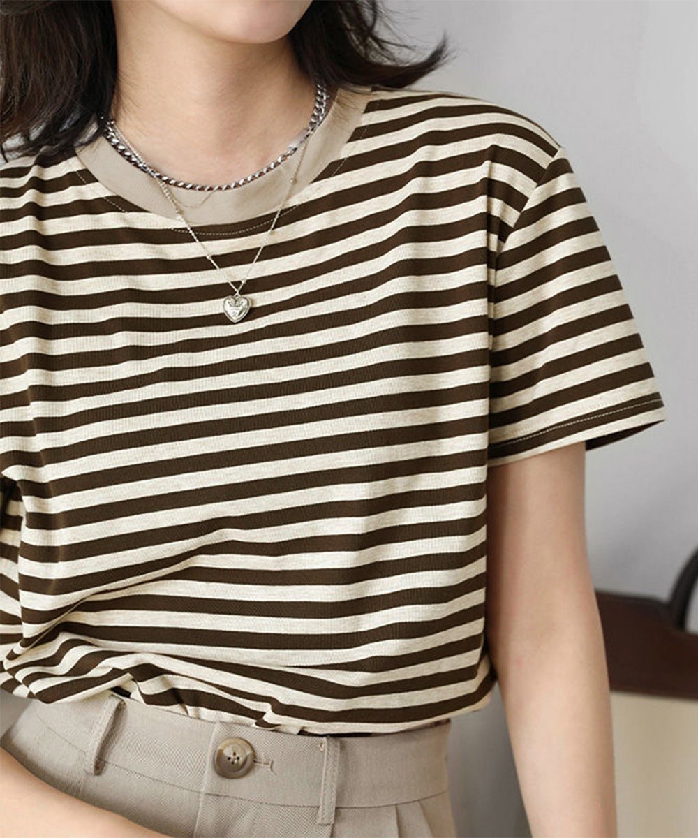 【ミニミニストア/miniministore】のボーダーtシャツ半袖 レディース 韓国風 インテリア・キッズ・メンズ・レディースファッション・服の通販 founy(ファウニー) 　ファッション　Fashion　レディースファッション　Fashion for Women　トップス・カットソー　Cut & Sew Tops　シャツ・ブラウス・オフィスカジュアル　Elegant Blouses & Button-Ups　ロングTシャツ・Tシャツ　Longline T-Shirts & Tees　デニム　Denim, Jeans Material　トレンド　Trend, Trending Now　ボーダー　Border, Stripe　半袖　Short Sleeve, Half Sleeve　ラウンド　Round, Round Neck　ワイド　Wide, Wide Fit　夏　Summer　ブラウン|ID: prp329100004978489 ipo3291000000037309628