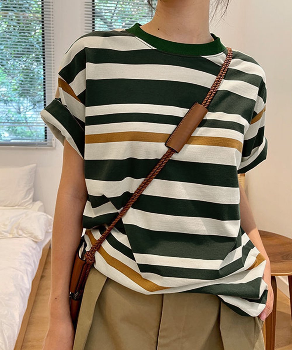 【ミニミニストア/miniministore】のボーダーtシャツ半袖 レディース 韓国風 インテリア・キッズ・メンズ・レディースファッション・服の通販 founy(ファウニー) 　ファッション　Fashion　レディースファッション　Fashion for Women　トップス・カットソー　Cut & Sew Tops　シャツ・ブラウス・オフィスカジュアル　Elegant Blouses & Button-Ups　ロングTシャツ・Tシャツ　Longline T-Shirts & Tees　デニム　Denim, Jeans Material　トレンド　Trend, Trending Now　ボーダー　Border, Stripe　半袖　Short Sleeve, Half Sleeve　ラウンド　Round, Round Neck　ワイド　Wide, Wide Fit　夏　Summer　ダークグリーン|ID: prp329100004978489 ipo3291000000037309629