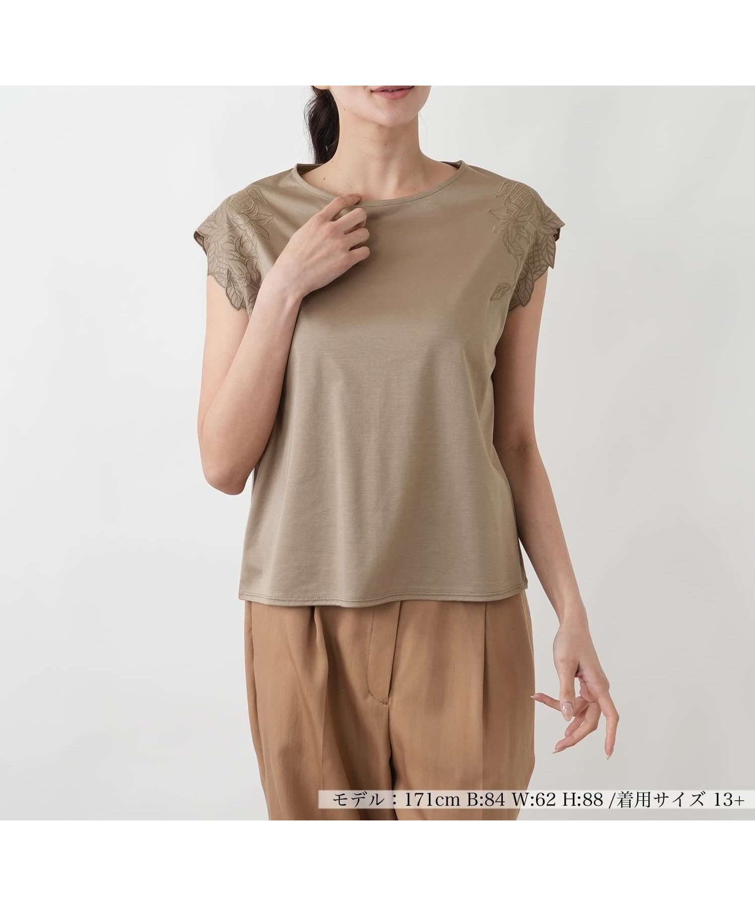 【レリアンプラスハウス/Leilian PLUS HOUSE】の刺繍フレンチスリーブジャージプルオーバー【SORAGE】 インテリア・キッズ・メンズ・レディースファッション・服の通販 founy(ファウニー) 　ファッション　Fashion　レディースファッション　Fashion for Women　トップス・カットソー　Cut & Sew Tops　カジュアルプルオーバー・ニットトップス　Pullovers & Knit Tops / Casual Pullovers　アクセサリー　Fashion Accessories　ウォッシャブル　Machine Washable　エレガント 上品　Elegant　春　Spring　カットソー　Cut and Sewn Top　コレクション　Collection, Seasonal Line　シンプル　Simple, Minimal　なめらか　Smooth, Silky Texture　ポケット　Pocket, Pocket Detail　S/S・春夏　SS, Spring/Summer, Warm Season　夏　Summer　キャメル系|ID: prp329100004978492 ipo3291000000037309655
