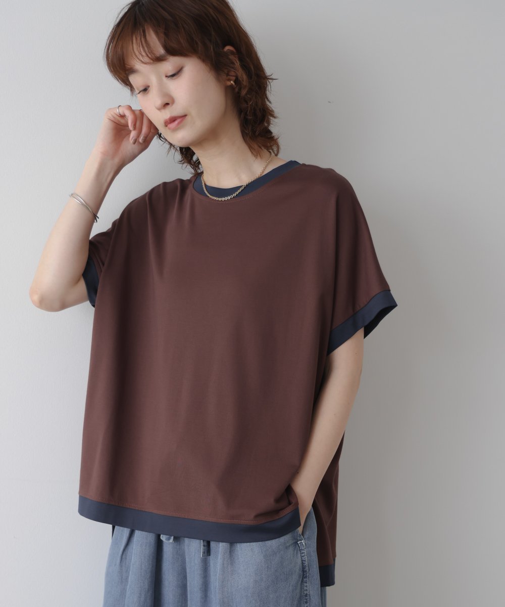 【バブ ブージュルード/Bab Bou Jeloud】のバイカラーTシャツ インテリア・キッズ・メンズ・レディースファッション・服の通販 founy(ファウニー) 　ファッション　Fashion　レディースファッション　Fashion for Women　トップス・カットソー　Cut & Sew Tops　シャツ・ブラウス・オフィスカジュアル　Elegant Blouses & Button-Ups　ロングTシャツ・Tシャツ　Longline T-Shirts & Tees　なめらか　Smooth, Silky Texture　シンプル　Simple, Minimal　再入荷　Restock / Back in Stock　BROWN|ID: prp329100004978522 ipo3291000000037309753