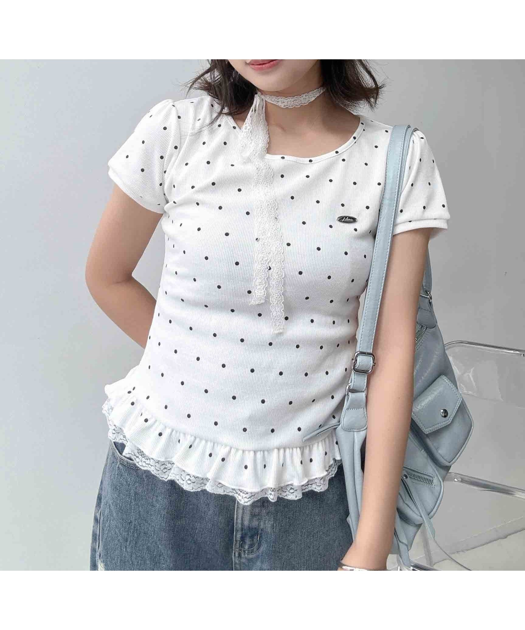 【アズノウアズ プラス/AS KNOW AS plus】の0『レースタイ付き』 裾フリル半袖Tシャツ インテリア・キッズ・メンズ・レディースファッション・服の通販 founy(ファウニー) 　ファッション　Fashion　レディースファッション　Fashion for Women　トップス・カットソー　Cut & Sew Tops　シャツ・ブラウス・オフィスカジュアル　Elegant Blouses & Button-Ups　ロングTシャツ・Tシャツ　Longline T-Shirts & Tees　コンパクト　Compact, Small Size　デニム　Denim, Jeans Material　トレンド　Trend, Trending Now　バランス　Balance, Style Balance　フリル　Frill, Ruffle　ボトム　Bottoms, Lower Wear　半袖　Short Sleeve, Half Sleeve　リボン　Ribbon, Bow　レース　Lace, Lace Fabric　再入荷　Restock / Back in Stock　プチプライス・低価格　Affordable / Budget Price　おすすめ　Recommended / Our Picks　夏　Summer　オフドット|ID: prp329100004978560 ipo3291000000037309896