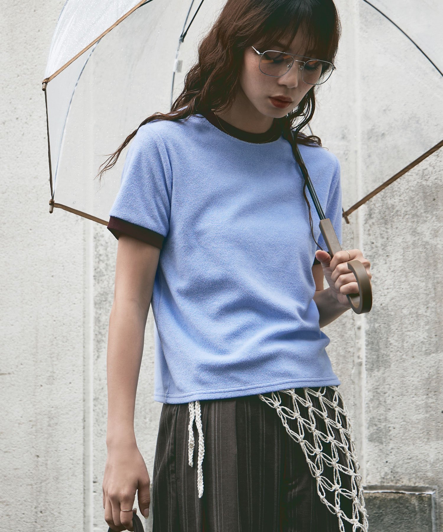 【ビーフラット/bflat】のパイル地リンガーネックTシャツ インテリア・キッズ・メンズ・レディースファッション・服の通販 founy(ファウニー) 　ファッション　Fashion　レディースファッション　Fashion for Women　トップス・カットソー　Cut & Sew Tops　シャツ・ブラウス・オフィスカジュアル　Elegant Blouses & Button-Ups　ロングTシャツ・Tシャツ　Longline T-Shirts & Tees　インナー　Innerwear　コンパクト　Compact, Small Size　スマート　Smart, Elegant　デニム　Denim, Jeans Material　トレンド　Trend, Trending Now　ブルー|ID: prp329100004978622 ipo3291000000037310146