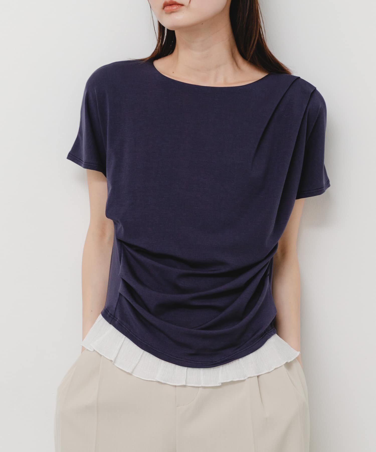 【センスオブプレイス/SENSE OF PLACE by URBAN RESEARCH】のフリルドレープトップ インテリア・キッズ・メンズ・レディースファッション・服の通販 founy(ファウニー) 　ファッション　Fashion　レディースファッション　Fashion for Women　インナー　Innerwear　シャーリング　Shirring, Ruched　シンプル　Simple, Minimal　ジャケット　Jacket, Outerwear　スマート　Smart, Elegant　タイトスカート　Pencil Skirt, Tight Skirt　デニム　Denim, Jeans Material　ドット　Polka Dot, Dot Pattern　フリル　Frill, Ruffle　フロント　Front, Front Design　S/S・春夏　SS, Spring/Summer, Warm Season　おすすめ　Recommended / Our Picks　夏　Summer　2026年　2026　2026春夏・S/S　Spring/Summer 2026 SS26　ネイビー|ID: prp329100004978632 ipo3291000000037310192