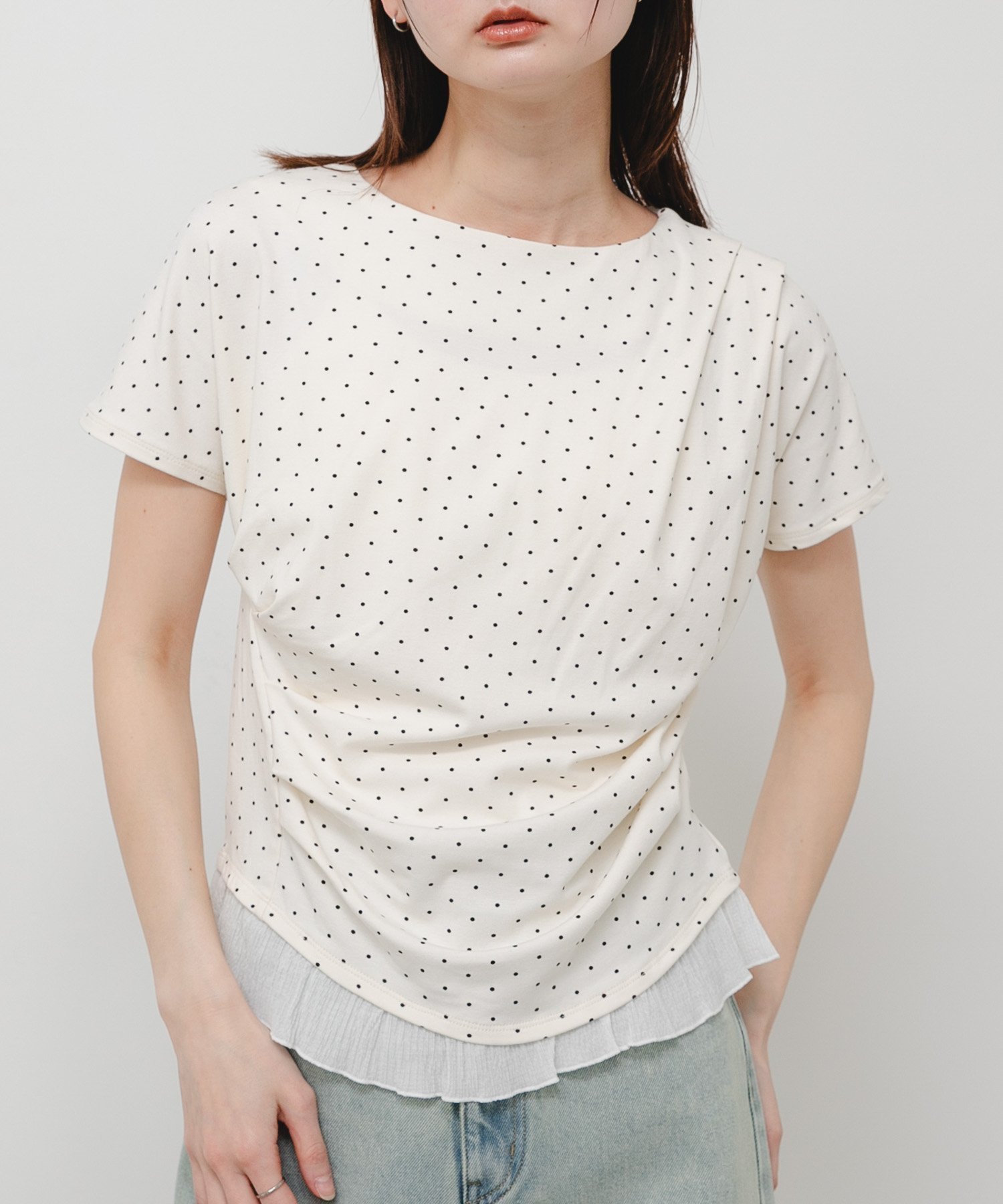 【センスオブプレイス/SENSE OF PLACE by URBAN RESEARCH】のフリルドレープトップ インテリア・キッズ・メンズ・レディースファッション・服の通販 founy(ファウニー) 　ファッション　Fashion　レディースファッション　Fashion for Women　インナー　Innerwear　シャーリング　Shirring, Ruched　シンプル　Simple, Minimal　ジャケット　Jacket, Outerwear　スマート　Smart, Elegant　タイトスカート　Pencil Skirt, Tight Skirt　デニム　Denim, Jeans Material　ドット　Polka Dot, Dot Pattern　フリル　Frill, Ruffle　フロント　Front, Front Design　S/S・春夏　SS, Spring/Summer, Warm Season　おすすめ　Recommended / Our Picks　夏　Summer　2026年　2026　2026春夏・S/S　Spring/Summer 2026 SS26　ホワイト系その他|ID: prp329100004978632 ipo3291000000037310193