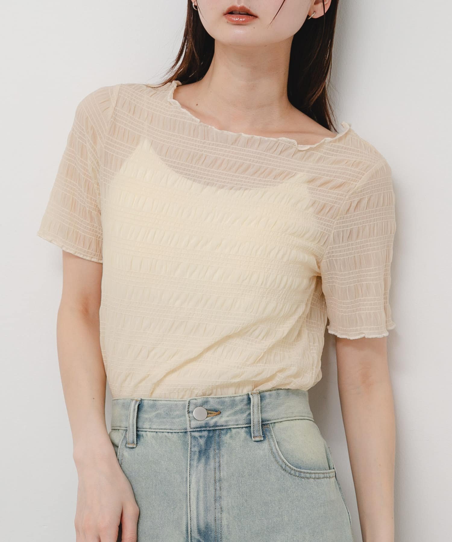 【センスオブプレイス/SENSE OF PLACE by URBAN RESEARCH】のシャーリングシアートップ(5分袖) インテリア・キッズ・メンズ・レディースファッション・服の通販 founy(ファウニー) 　ファッション　Fashion　レディースファッション　Fashion for Women　トップス・カットソー　Cut & Sew Tops　2026年　2026　2026春夏・S/S　Spring/Summer 2026 SS26　夏　Summer　S/S・春夏　SS, Spring/Summer, Warm Season　アイボリー|ID: prp329100004978634 ipo3291000000037310200