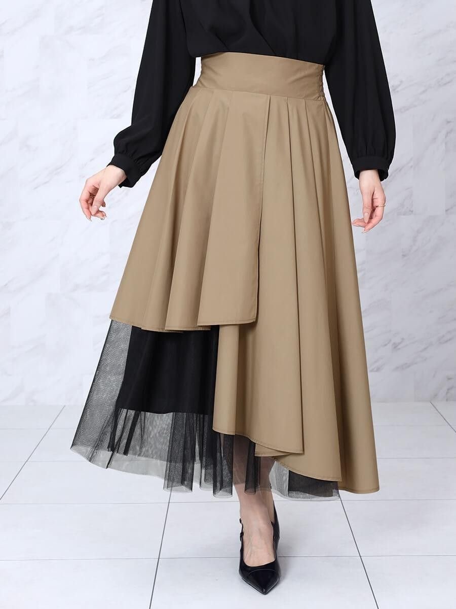 【ヴァン/Vin】のチュールレイヤードラップフレアスカート インテリア・キッズ・メンズ・レディースファッション・服の通販 founy(ファウニー) 　ファッション　Fashion　レディースファッション　Fashion for Women　スカート　Skirts　Aライン・フレアスカート　A-Line & Flared Skirts　アシンメトリー　Asymmetrical Style　カットソー　Cut and Sewn Top　コンパクト　Compact, Small Size　シャーリング　Shirring, Ruched　ジャケット　Jacket, Outerwear　チュール　Tulip, Tulip Motif　バランス　Balance, Style Balance　フェミニン　Feminine, Girly　フレア　Flare, Flared　フロント　Front, Front Design　ラップ　Wrap, Wrap Design　エレガント 上品　Elegant　サンドベージュ|ID: prp329100004978755 ipo3291000000037310656