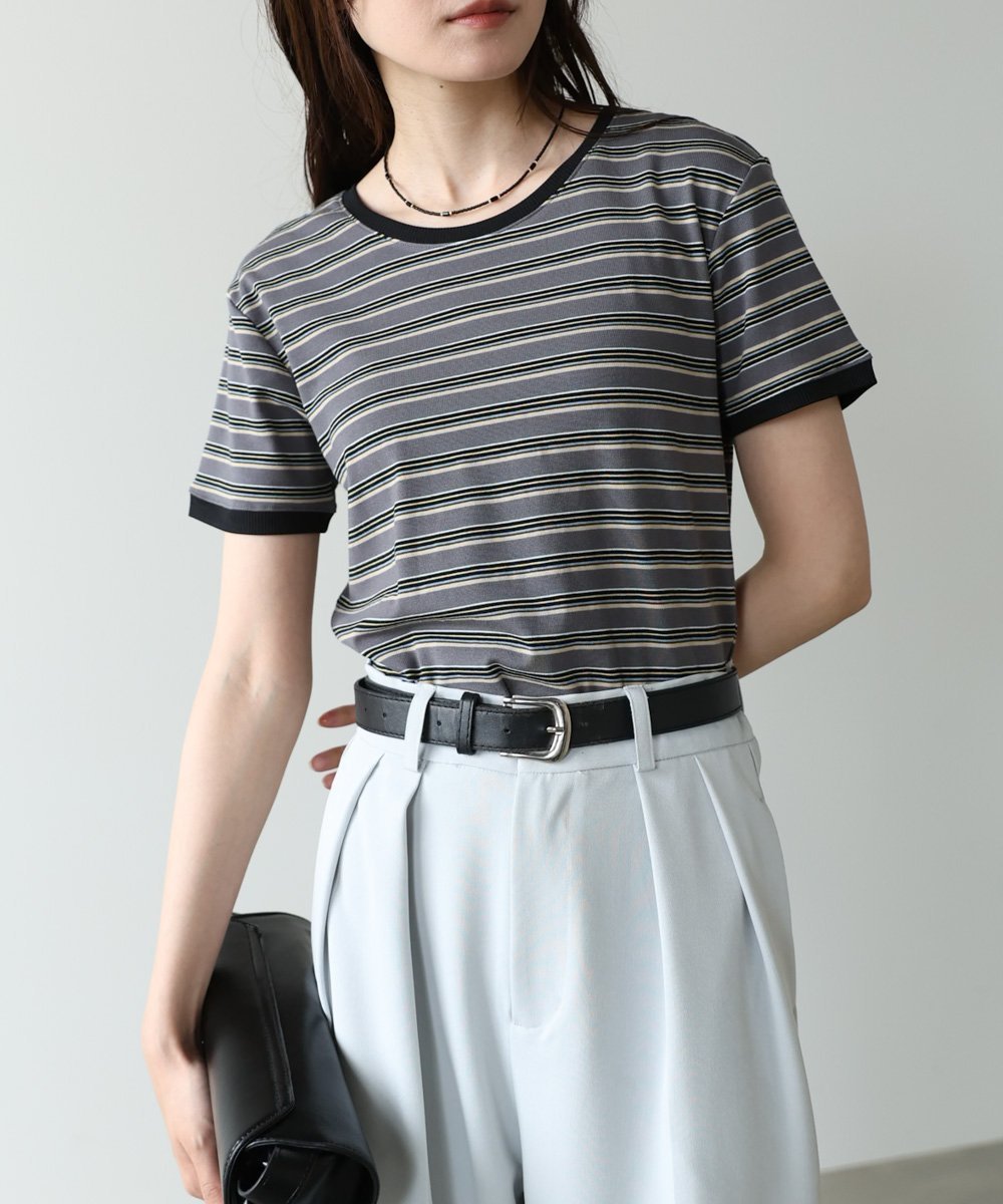 【バブ ブージュルード/Bab Bou Jeloud】のマルチボーダーコンパクトTシャツ 大人の最旬トレンドファッション＆コーディネート founy(ファウニー) 　ファッション　Fashion　レディースファッション　Fashion for Women　トップス・カットソー　Cut & Sew Tops　シャツ・ブラウス・オフィスカジュアル　Elegant Blouses & Button-Ups　ロングTシャツ・Tシャツ　Longline T-Shirts & Tees　インナー　Innerwear　コンパクト　Compact, Small Size　シンプル　Simple, Minimal　ジャケット　Jacket, Outerwear　スマート　Smart, Elegant　チェック　Check, Plaid, Tartan　なめらか　Smooth, Silky Texture　バランス　Balance, Style Balance　フィット　Fit, Slim Fit　ボーダー　Border, Stripe　再入荷　Restock / Back in Stock　 other-1|ID: prp329100004978900 ipo3291000000037311181