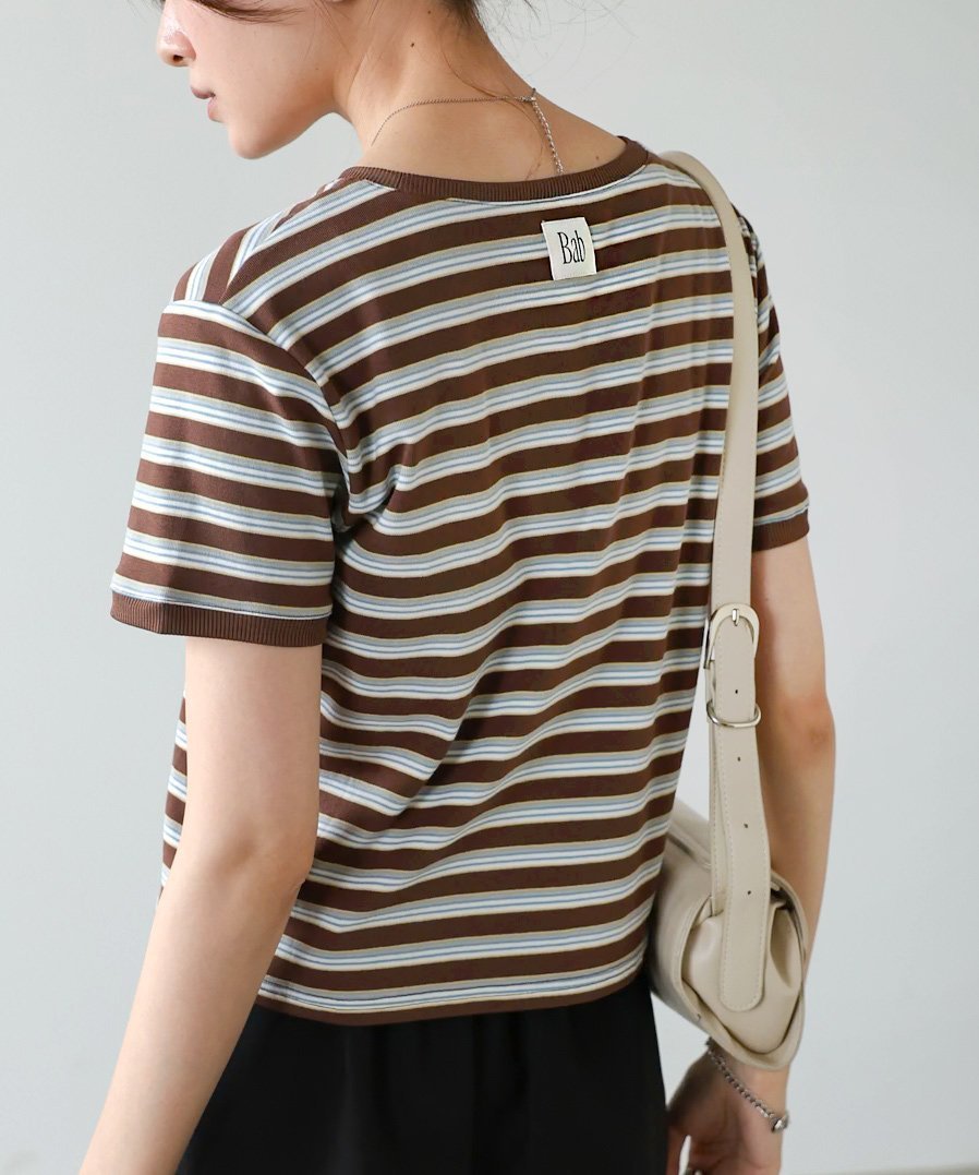 【バブ ブージュルード/Bab Bou Jeloud】のマルチボーダーコンパクトTシャツ インテリア・キッズ・メンズ・レディースファッション・服の通販 founy(ファウニー) 　ファッション　Fashion　レディースファッション　Fashion for Women　トップス・カットソー　Cut & Sew Tops　シャツ・ブラウス・オフィスカジュアル　Elegant Blouses & Button-Ups　ロングTシャツ・Tシャツ　Longline T-Shirts & Tees　インナー　Innerwear　コンパクト　Compact, Small Size　シンプル　Simple, Minimal　ジャケット　Jacket, Outerwear　スマート　Smart, Elegant　チェック　Check, Plaid, Tartan　なめらか　Smooth, Silky Texture　バランス　Balance, Style Balance　フィット　Fit, Slim Fit　ボーダー　Border, Stripe　再入荷　Restock / Back in Stock　BROWN|ID: prp329100004978900 ipo3291000000037311183