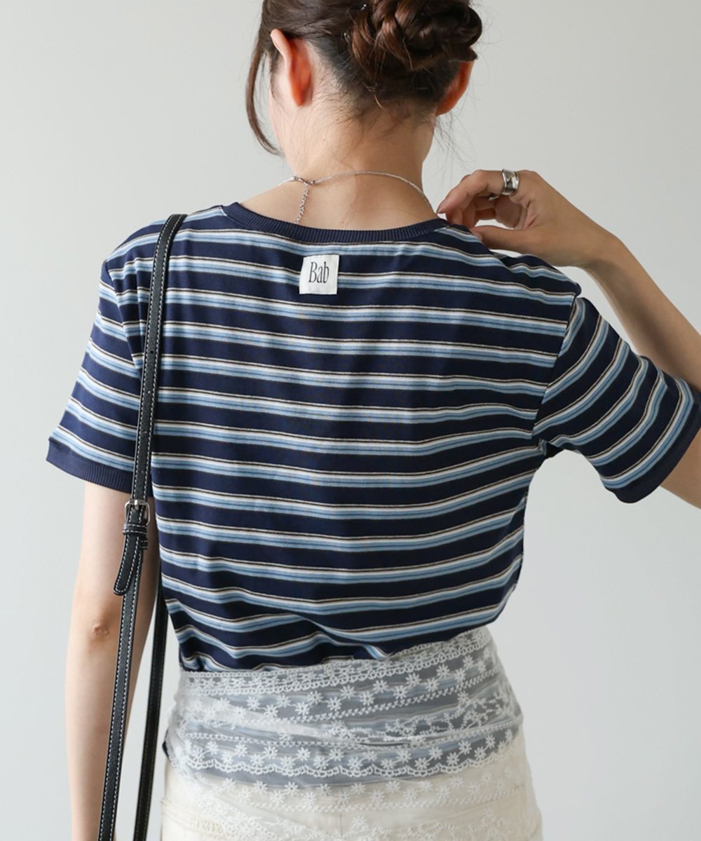 【バブ ブージュルード/Bab Bou Jeloud】のマルチボーダーコンパクトTシャツ インテリア・キッズ・メンズ・レディースファッション・服の通販 founy(ファウニー) 　ファッション　Fashion　レディースファッション　Fashion for Women　トップス・カットソー　Cut & Sew Tops　シャツ・ブラウス・オフィスカジュアル　Elegant Blouses & Button-Ups　ロングTシャツ・Tシャツ　Longline T-Shirts & Tees　インナー　Innerwear　コンパクト　Compact, Small Size　シンプル　Simple, Minimal　ジャケット　Jacket, Outerwear　スマート　Smart, Elegant　チェック　Check, Plaid, Tartan　なめらか　Smooth, Silky Texture　バランス　Balance, Style Balance　フィット　Fit, Slim Fit　ボーダー　Border, Stripe　再入荷　Restock / Back in Stock　NAVY|ID: prp329100004978900 ipo3291000000037311184