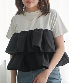 【ヴァンス エクスチェンジ/VENCE EXCHANGE】の天竺ナイロンドッキングフリルTシャツ 大人の最旬トレンドファッション＆コーディネート founy(ファウニー) ファッション Fashion レディースファッション Fashion for Women トップス・カットソー Cut & Sew Tops シャツ・ブラウス・オフィスカジュアル Elegant Blouses & Button-Ups ロングTシャツ・Tシャツ Longline T-Shirts & Tees おすすめ Recommended / Our Picks ショート Short, Short Length シンプル Simple, Minimal デニム Denim, Jeans Material ドッキング Docking, Mixed Material バランス Balance, Style Balance ビスチェ Bustier, Corset Top フリル Frill, Ruffle |ID:prp329100004978904