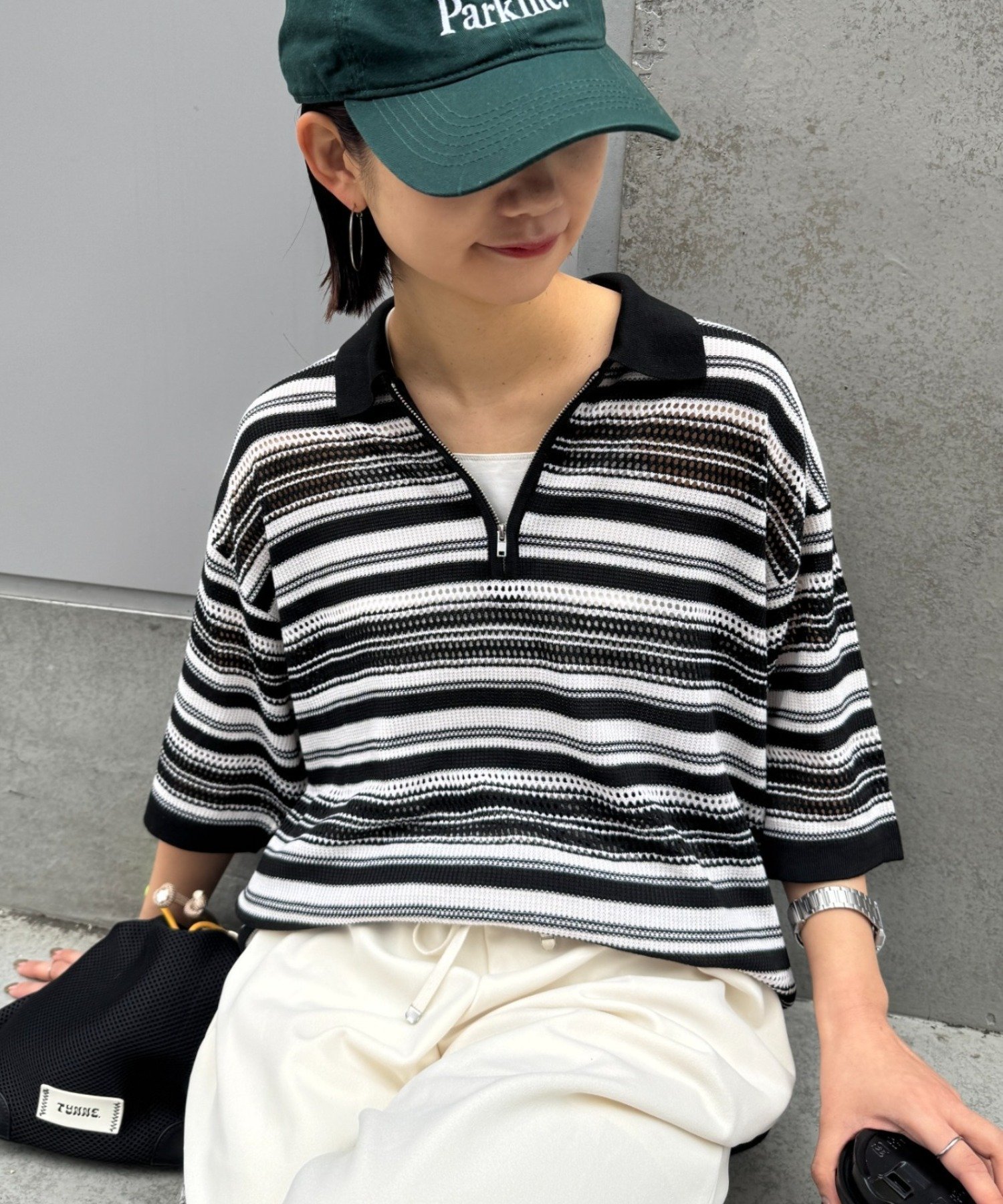 【チャオパニックティピー/CIAOPANIC TYPY】の【UNISEX】透かし編みメッシュボーダーハーフジップサマーニットポロ インテリア・キッズ・メンズ・レディースファッション・服の通販 founy(ファウニー) 　ファッション　Fashion　レディースファッション　Fashion for Women　トップス・カットソー　Cut & Sew Tops　ニット　Knit Tops & Sweaters　アクセサリー　Fashion Accessories　キャミソール　Camisole, Spaghetti Strap Top　サンダル　Sandals, Summer Shoes　シルバー　Silver, Metallic Silver　シンプル　Simple, Minimal　スリッパ　Slippers, Room Shoes　透かし　Cut-Out, Lacework　タンク　Tank Top, Sleeveless Top　トレンド　Trend, Trending Now　バングル　Bangle, Bracelet　フラット　Flat, Flat Shoes　ユニセックス　Unisex, Genderless　リラックス　Relax, Relaxed Fit　ロング　Long, Long-Length　ワイド　Wide, Wide Fit　おすすめ　Recommended / Our Picks　エレガント 上品　Elegant　ブラック|ID: prp329100004978941 ipo3291000000037311330