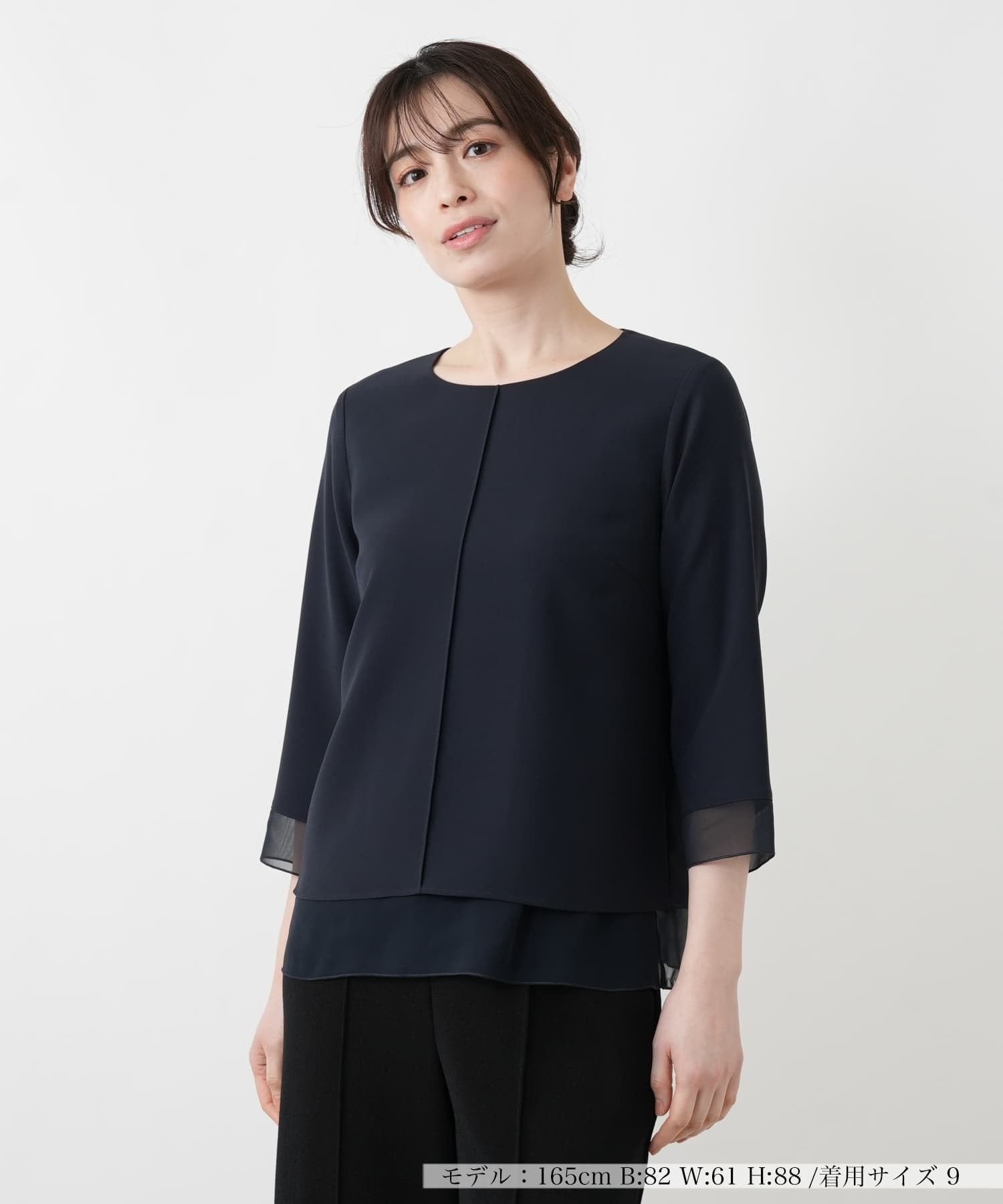 【レリアン/LEILIAN】のシフォン袖カットソー インテリア・キッズ・メンズ・レディースファッション・服の通販 founy(ファウニー) 　ファッション　Fashion　レディースファッション　Fashion for Women　トップス・カットソー　Cut & Sew Tops　カットソー・ベーシックTシャツ　Cut-and-Sewn Tops / Stretch Tees & Basics　インナー　Innerwear　ウォッシャブル　Machine Washable　カットソー　Cut and Sewn Top　シフォン　Chiffon, Lightweight Fabric　ジャケット　Jacket, Outerwear　ジョーゼット　Georgette, Semi-Sheer Fabric　スリーブ　Sleeve, Long Sleeve / Short Sleeve　ポケット　Pocket, Pocket Detail　夏　Summer　ネイビー|ID: prp329100004978956 ipo3291000000037311383